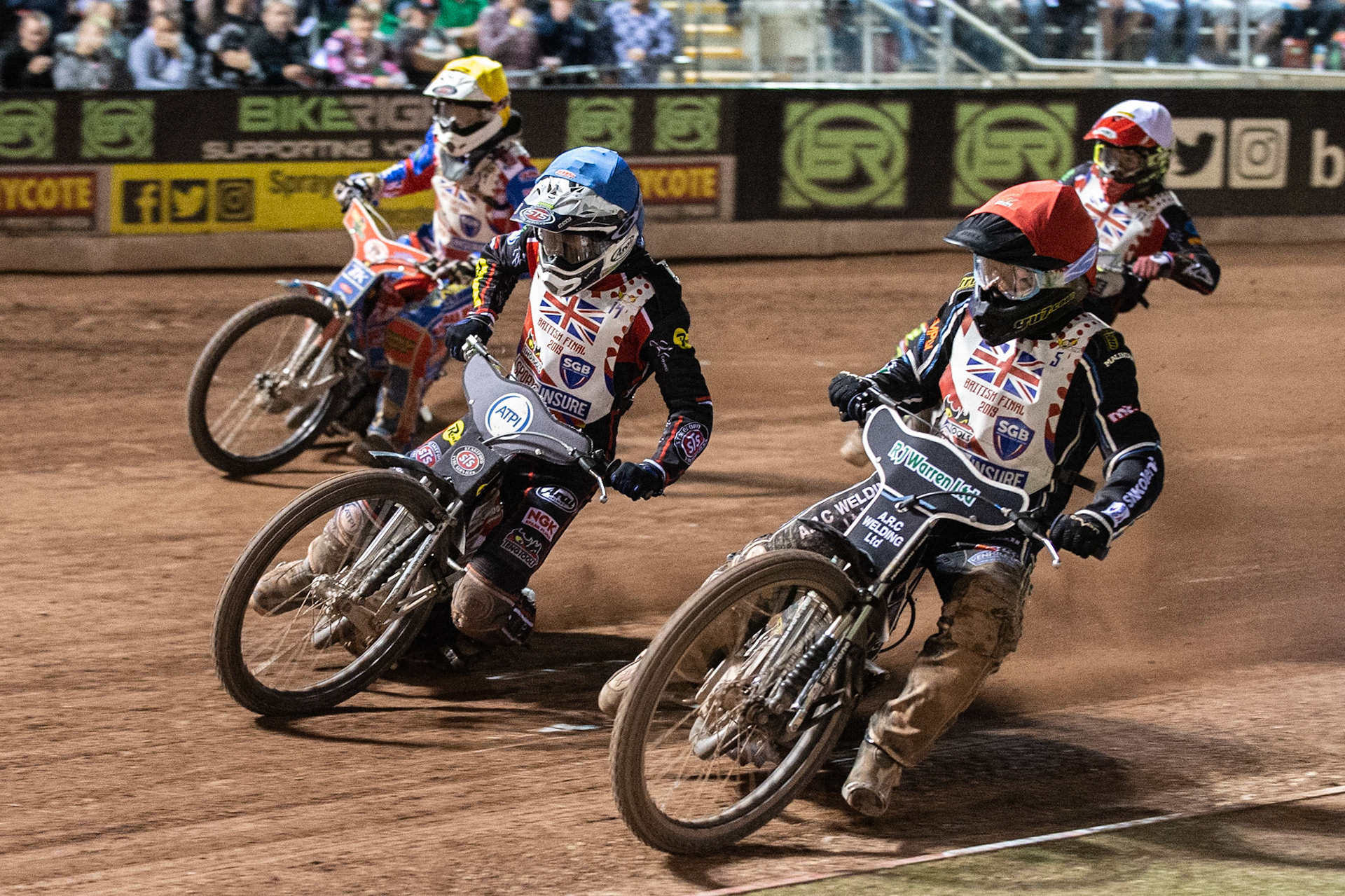 Photo: Ian Charles

Danny King (Red) and Steve Worrall (Blue) lead Simon Lambert (Yellow) and Kyle Bickley (White)

Sports Insure British Final,  Belle Vue National Speedway Stadium, Manchester Monday 29  July  2019