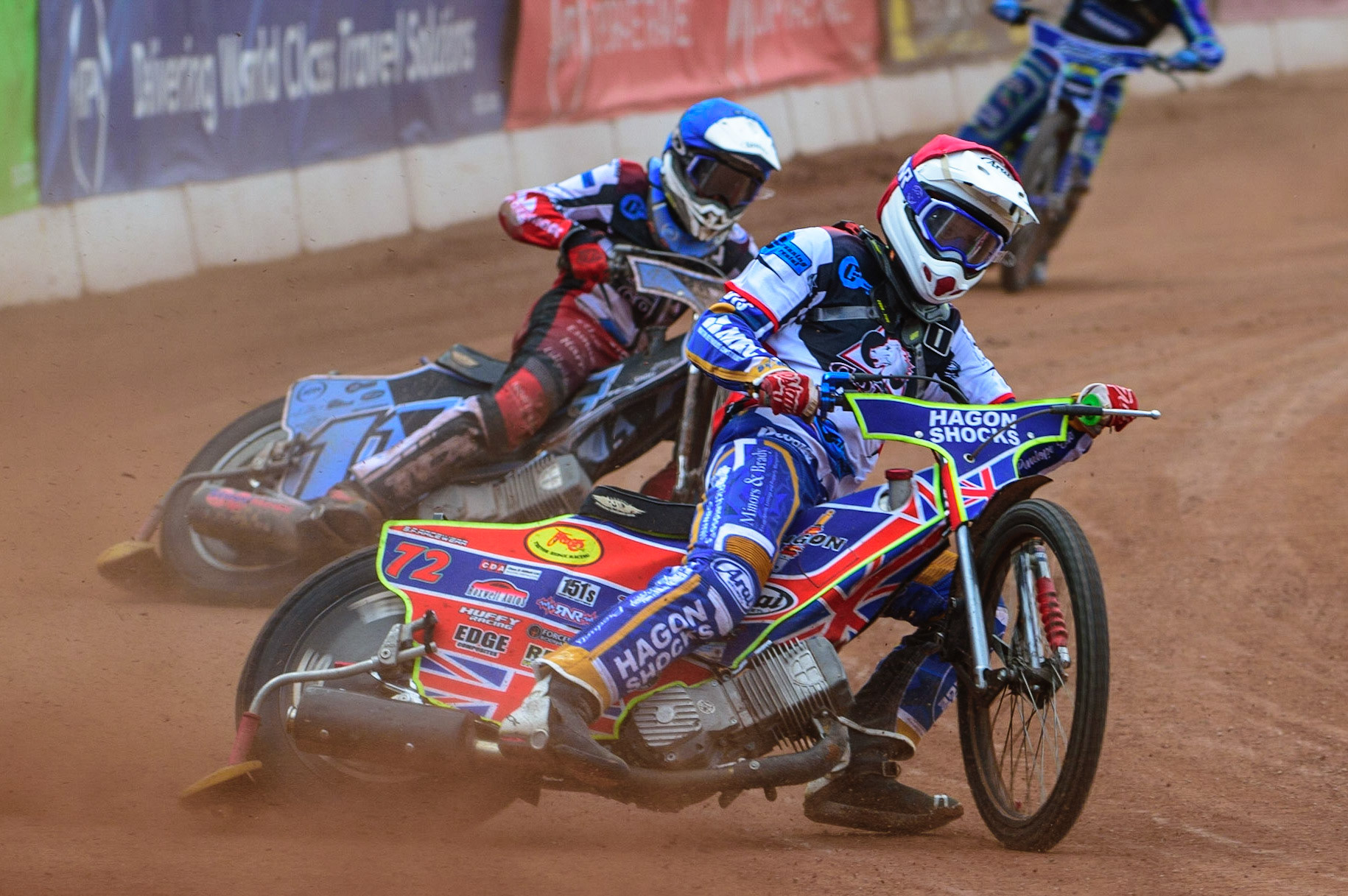 MANCHESTER, UK.  JUN 3RD  Jake Mulford   (Red) leads team mate Sam McGurk  (Blue) during the National Development League match between Belle Vue Colts and Oxford Chargers at the National Speedway Stadium, Manchester on Friday 3rd June 2022. (Credit: Ian Charles | MI News)