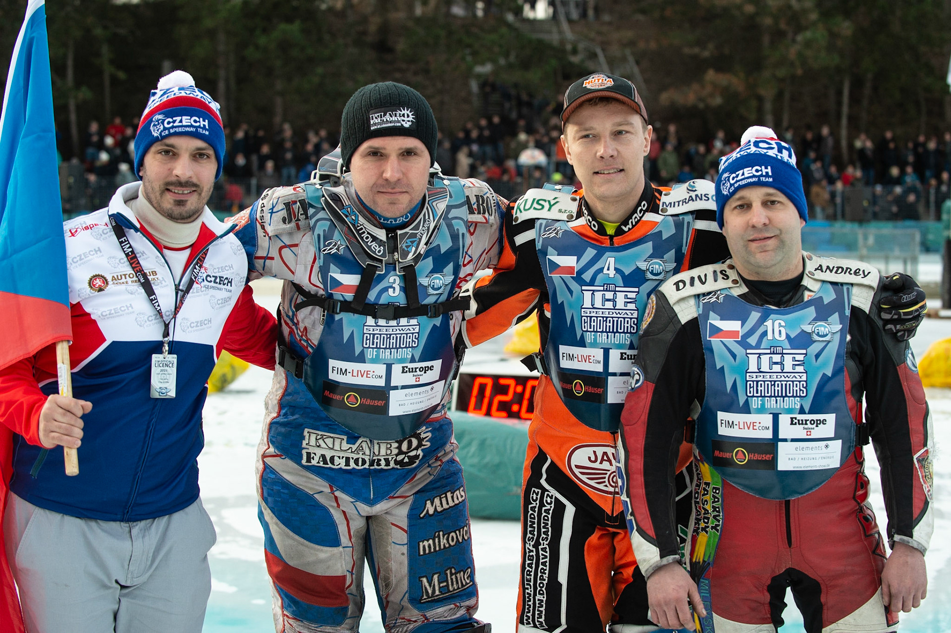 BERLIN GERMANY  - February 29  The Czech Republic side (l-r) Filip Sitera (manager), Jan Klatovsky, Lukas Hutla and Andrej Divis during theIce Speedway of Nations (Day 1) at the Horst-Dohm-Eisstadion, Berlin,  on Saturday 29 February 2020. (Credit: Ian Charles | MI News)
