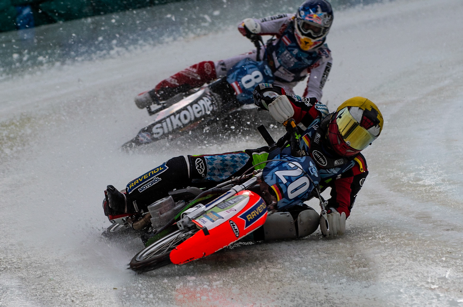 BERLIN GERMANY  - March 1  Johan Weber (Yellow) leads Franky Zorn  during the Ice Speedway of Nations at the Horst-Dohm-Eisstadion, Berlin,  on Sunday 1 March 2020. (Credit: Ian Charles | MI News)
