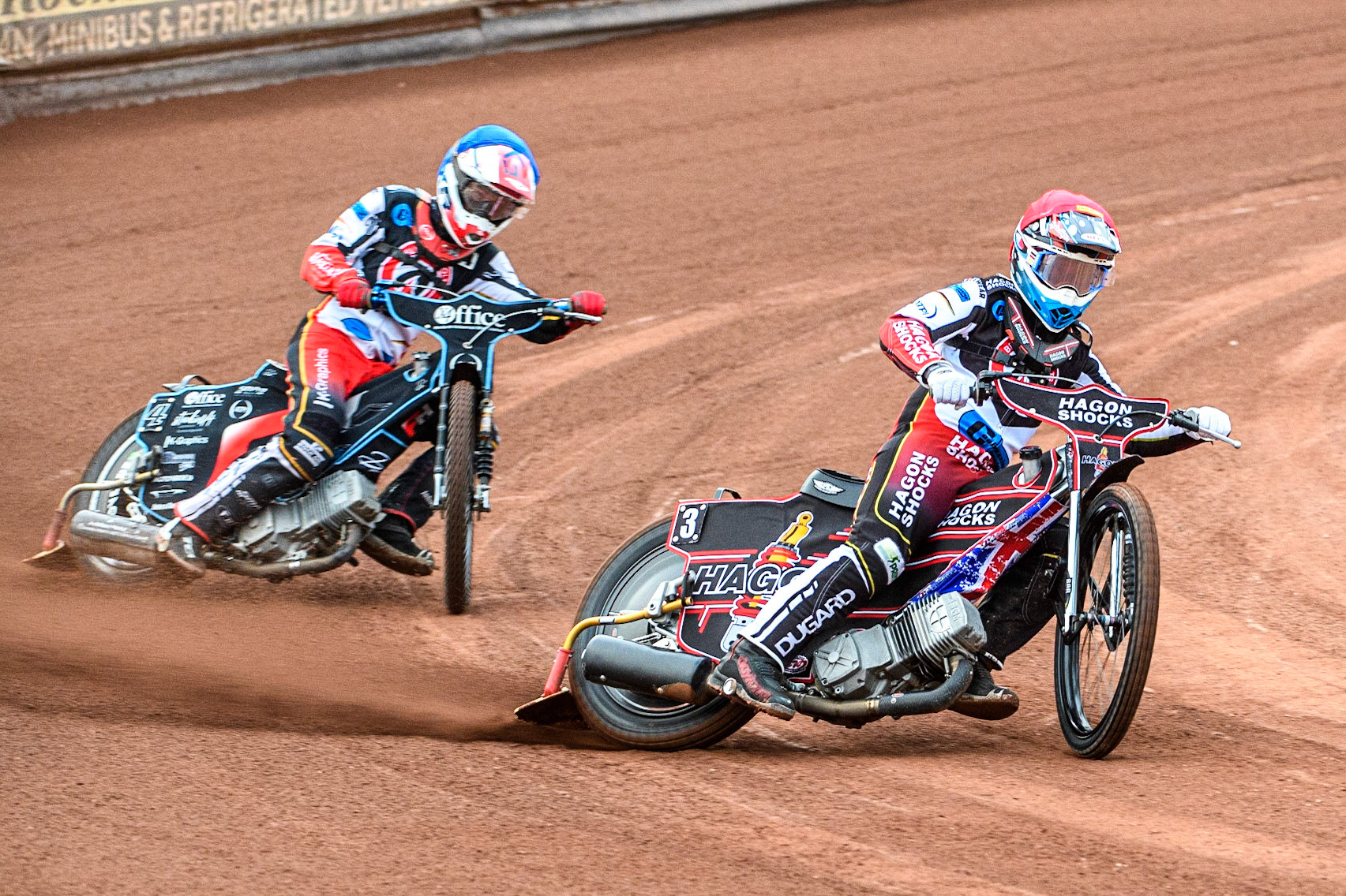 Sam Hagon (Red) leads team mate Freddy Hodder (Blue) during the National Development League match between Belle Vue Colts and Edinburgh Monarchs Academy at the National Speedway Stadium, Manchester on Friday 21st July 2023. (Photo: Ian Charles | MI News)