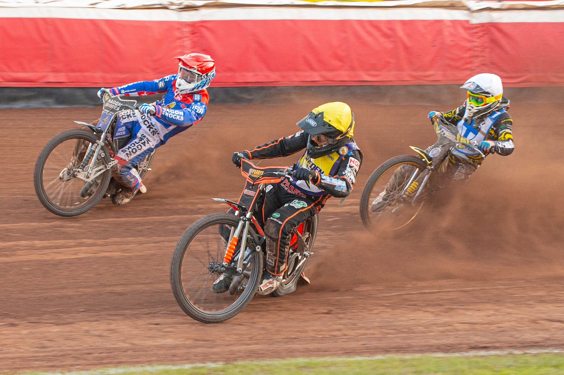Photo by Ian Charles:

Jacob Thorssell (Yellow) inside Broc Nichol (Red) with Tero Aarnio (White) behind 

FIM Speedway Grand Prix World Championship - Qualifying Round 1, Peugeot Ashfield Stadium, Glasgow, 8 June 2019
