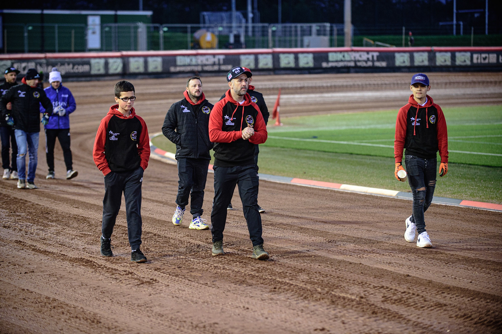 MANCHESTER, UK. OCT 11TH  Peterborough Crendon Panthers  on their track walk during the SGB Premiership Grand Final 1st Leg between Belle Vue Aces and Peterborough Panthers at the National Speedway Stadium, Manchester on Monday 11th October 2021. (Credit: Ian Charles | MI News)
