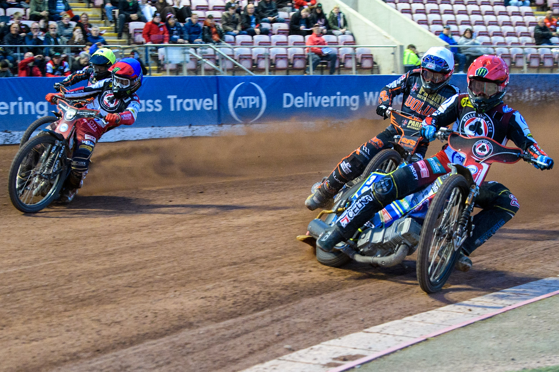 Jaimon Lidsey (Red) leads Steve Worrall (White) with Dan Bewley (Blue) and Ryan Douglas (Yellow) outside them during the Sports Insure Premiership Knock Out Cup Quarter Final 2nd Leg between Belle Vue Aces and Wolverhampton Wolves at the National Speedway Stadium, Manchester on Thursday 18th May 2023. (Photo: Ian Charles | MI News)