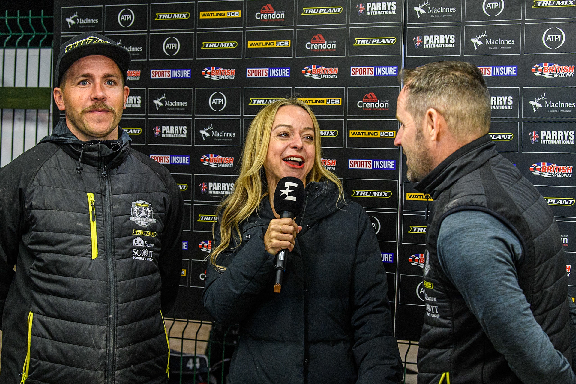 (L to R) Ritchie Hawkins , Abi Stephens and Chris Louis after the Witches progress to the Grand Final during the Sports Insure Premiership Semi Final Playoff 2nd leg match between Belle Vue Aces and Ipswich Witches at the National Speedway Stadium, Manchester on Monday 25th September 2023. (Photo: Ian Charles | MI News)