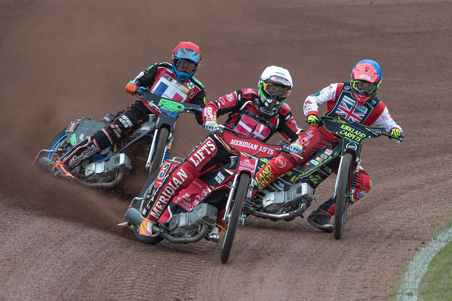 Photo by Ian Charles:

Hans Andersen (White) leads Dimitri Bergé (Red) and Kyle Bickley (Blue) 

FIM Speedway Grand Prix World Championship - Qualifying Round 1, Peugeot Ashfield Stadium, Glasgow, 8 June 2019