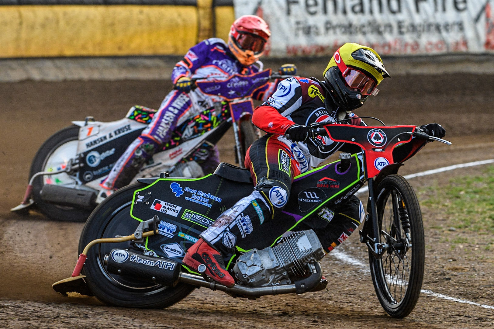 Tom Brennan (Yellow) leads Niels-Kristian Iversen (Red) during the Sports Insure Premiership match between Peterborough and Belle Vue Aces at East of England Showground, Peterborough on Monday 26th June 2023. (Photo: Ian Charles | MI News)