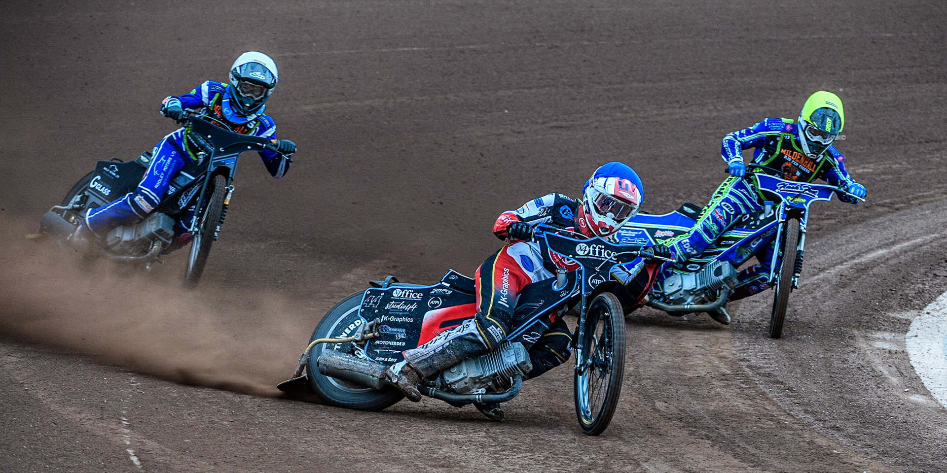 Freddy Hodder (Blue) leads Sam McGurk (White) and Arran Butcher (Yellow) during the National Development League match between Belle Vue Colts and Mildenhall Fens Tigers at the National Speedway Stadium, Manchester on Friday 26th May 2023. (Photo: Ian Charles | MI News)