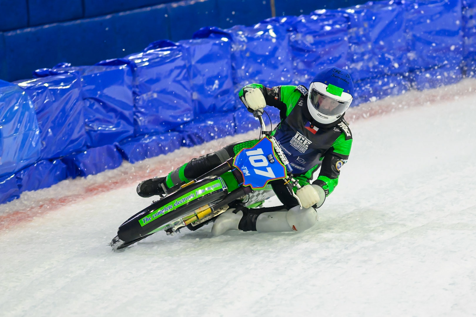 Andrej Divis (107) of Czechia in action during the FIM Ice Speedway Gladiators World Championship Final 3 at Ice Rink Thialf, Heerenveen on Saturday 11th April 2026. (Photo: Ian Charles | MI News)