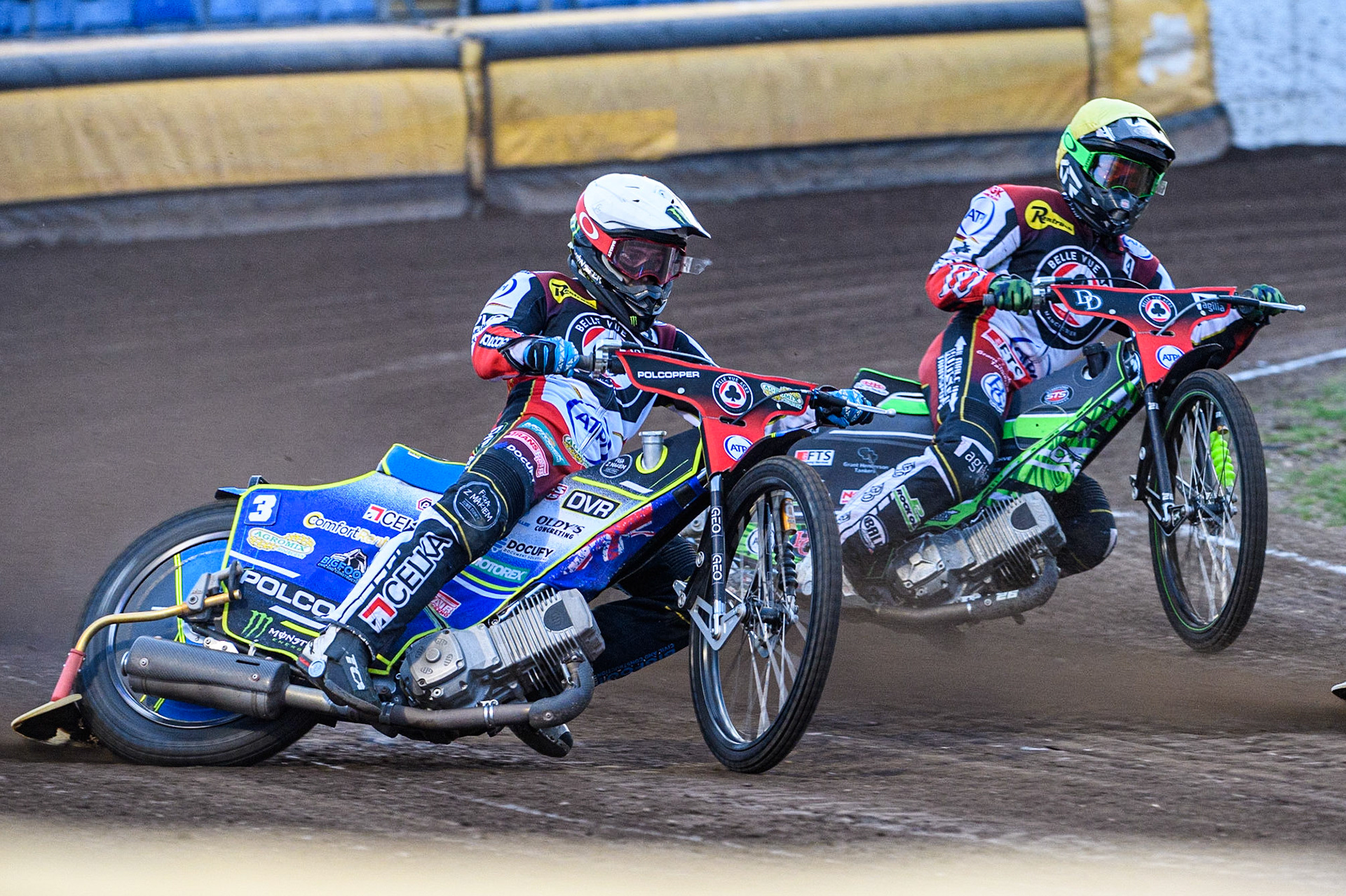 Jaimon Lidsey (White) outside team mate Charles Wright (Yellow) during the Sports Insure Premiership match between Peterborough and Belle Vue Aces at East of England Showground, Peterborough on Monday 26th June 2023. (Photo: Ian Charles | MI News)