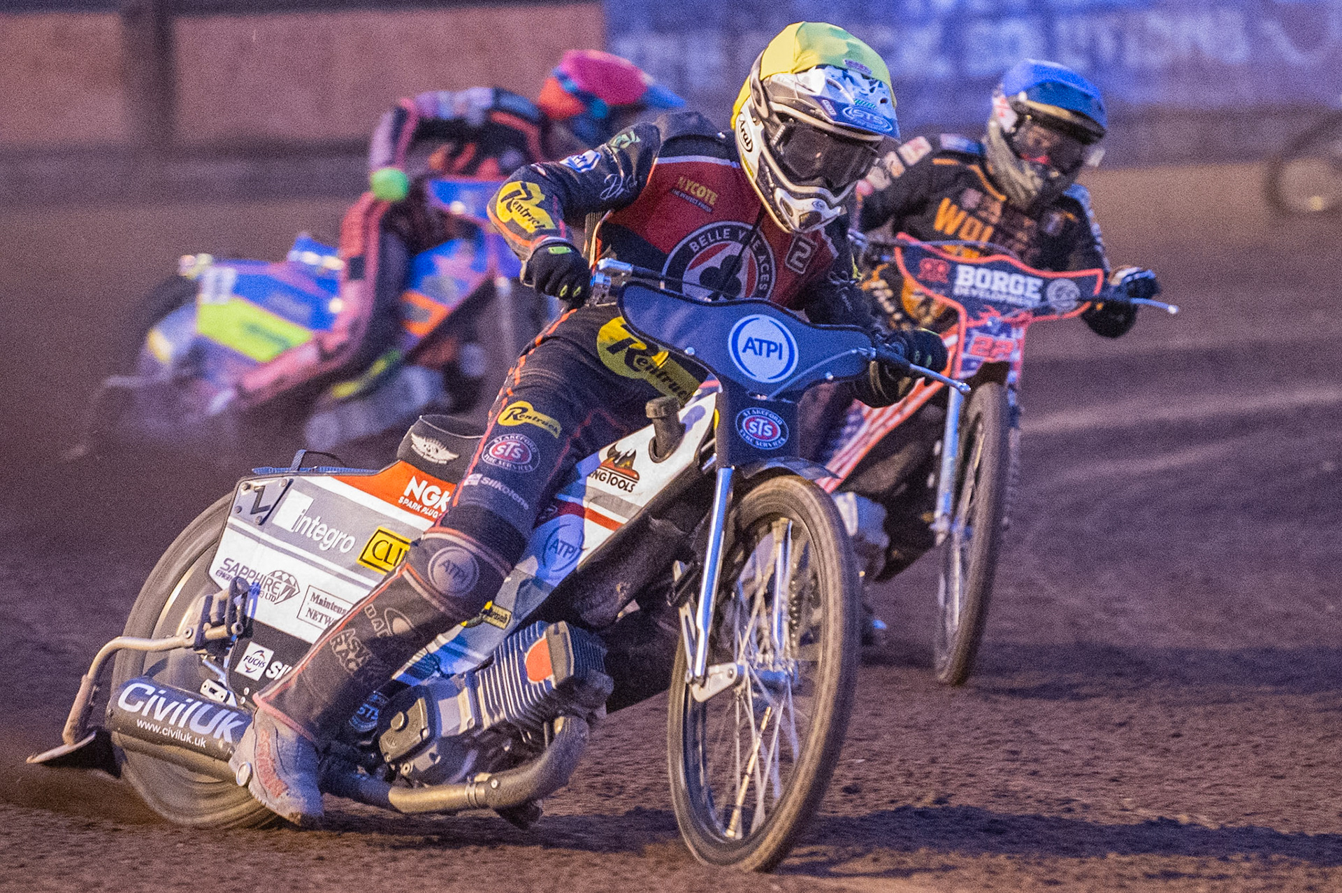 Photo by Ian Charles:

Steve Worrall  (Yellow) leads Luke Becker  (Blue) and Rory Schlein  (Red)

Wolverhampton Wolves v Belle Vue Aces, British Speedway Premiership 22 April 2019