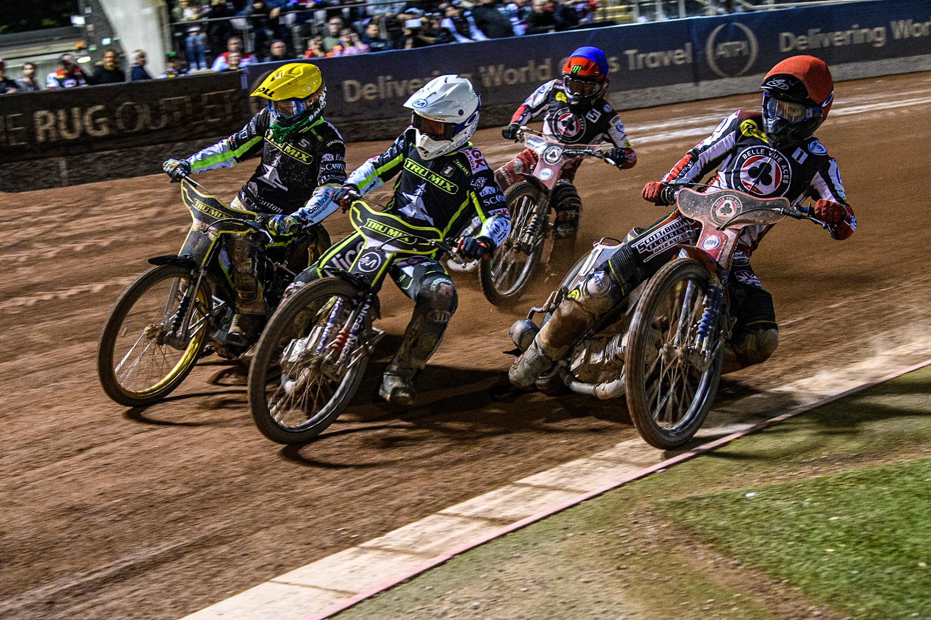 Heat 15 as Emil Sayfutdinov  (White) and Jason Doyle (Yellow) lead Brady Kurtz (Red) and Dan Bewley (Blue) to win the meetingduring the Sports Insure Premiership Semi Final Playoff 2nd leg match between Belle Vue Aces and Ipswich Witches at the National Speedway Stadium, Manchester on Monday 25th September 2023. (Photo: Ian Charles | MI News)