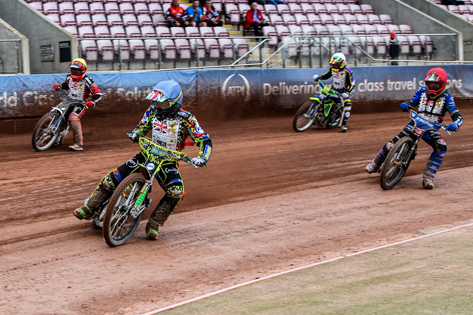 William Cairns (500cc)  in Blue leading 237 in Red Joe Crewe (500cc)   in Yellow and Liam Cox (500cc)   in White during the British Youth 500cc Championships at the National Speedway Stadium, Manchester on Friday 2nd August 2024. (Photo: Ian Charles | MI News)