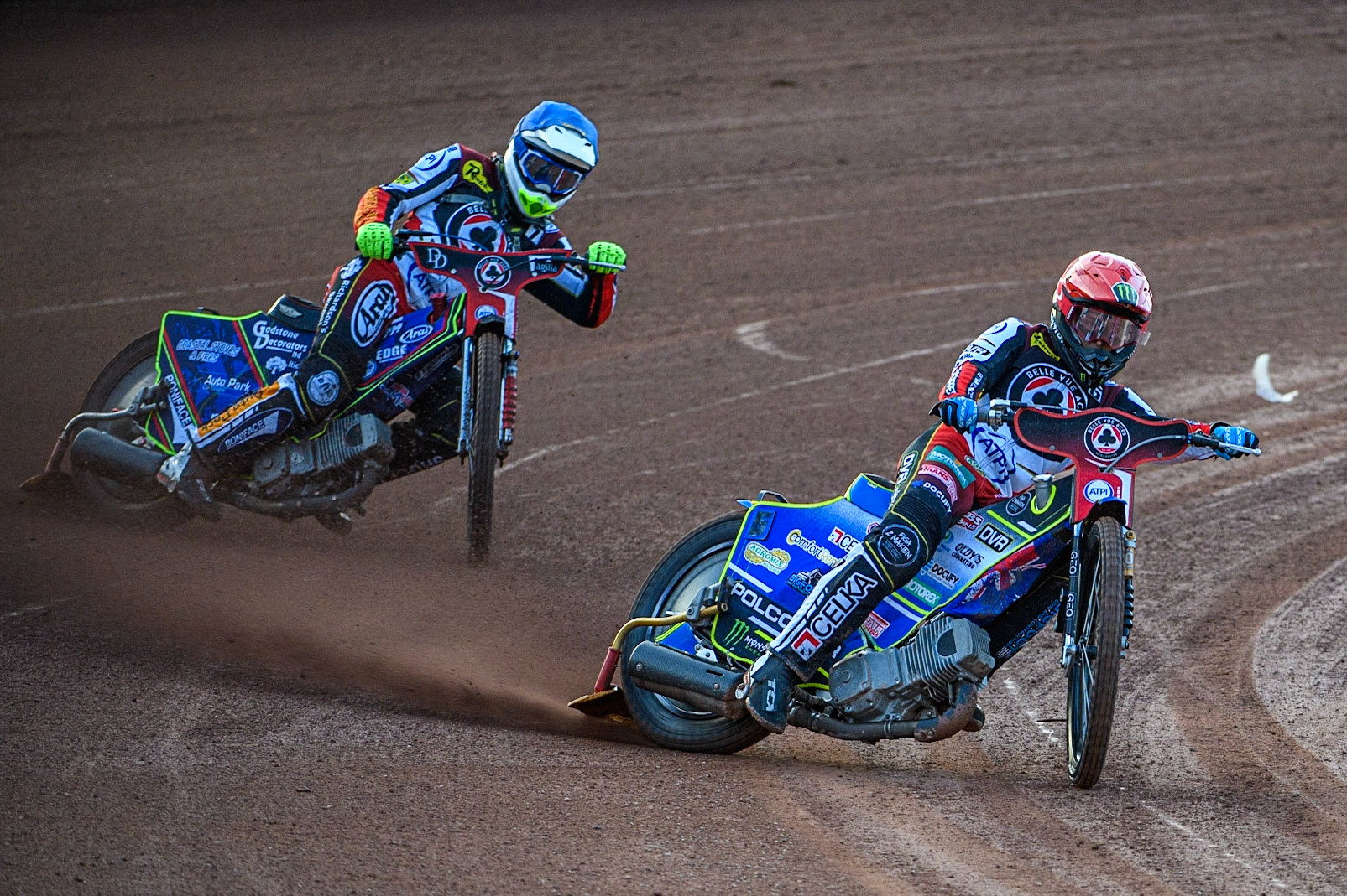 Jaimon Lidsey  (Red) leads team mate Jake Mulford  (Blue) during the SGB Premiership match between Belle Vue Aces and Peterborough at the National Speedway Stadium, Manchester on Monday 24th April 2023. (Photo: Ian Charles | MI News)