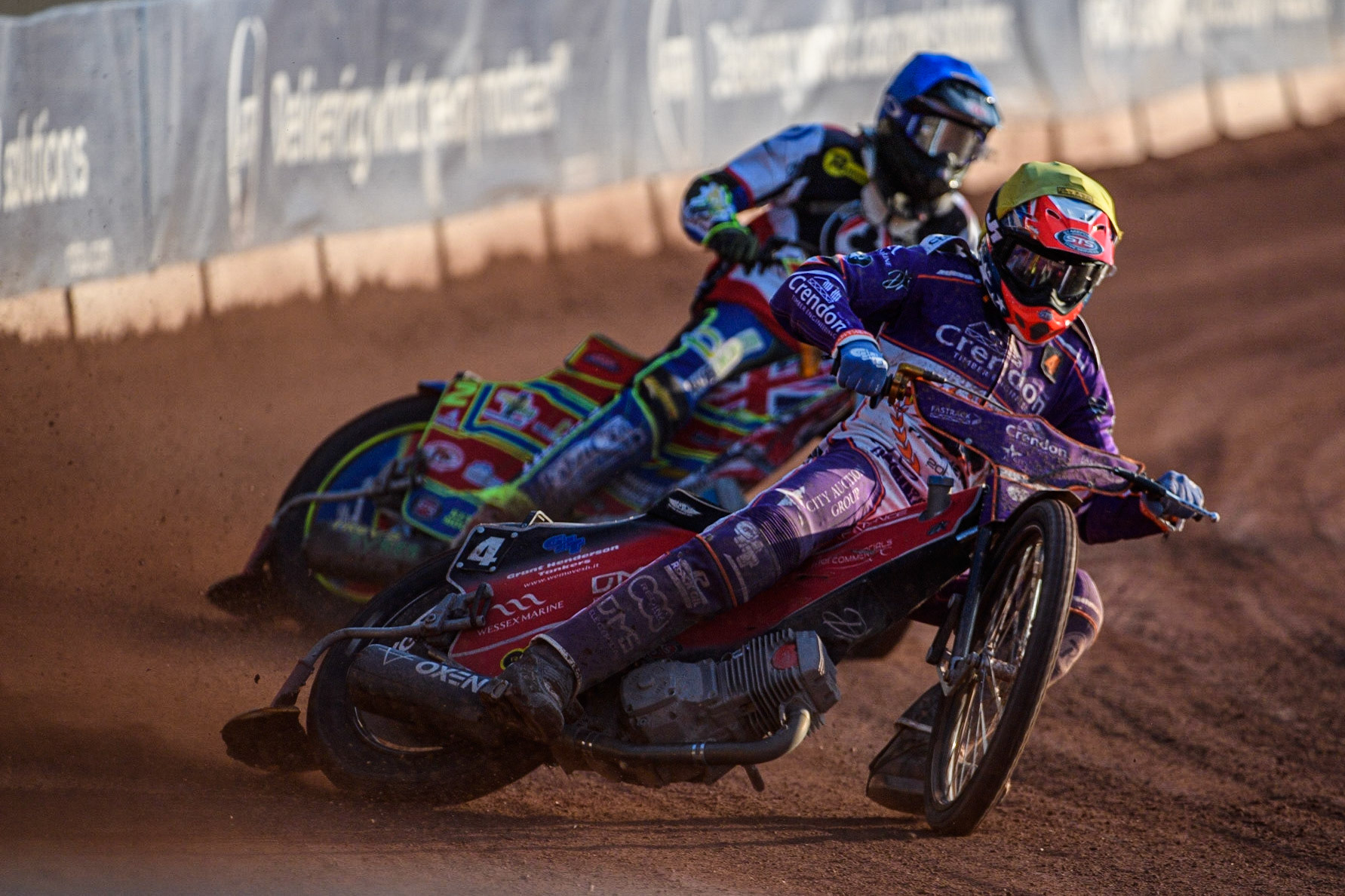 Richie Worrall (Yellow) leads Simon Lambert (Blue) during the Sports Insure Premiership match between Belle Vue Aces and Peterborough at the National Speedway Stadium, Manchester on Monday 19th June 2023. (Photo: Ian Charles | MI News)