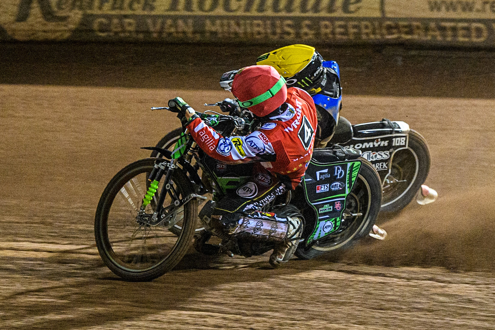 Charles Wright (Red) inside Tai Woffinden (Yellow) during the Sports Insure Premiership match between Belle Vue Aces and Sheffield Tigers at the National Speedway Stadium, Manchester on Monday 7th August 2023. (Photo: Ian Charles | MI News)