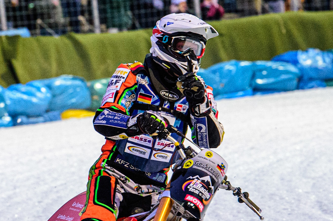 Markus Jell Celebrates his heat win during the German Individual Ice Speedway Championship at Horst-Dohm-Eisstadion, Berlin on Friday 3rd March 2023. (Photo: Ian Charles | MI News)