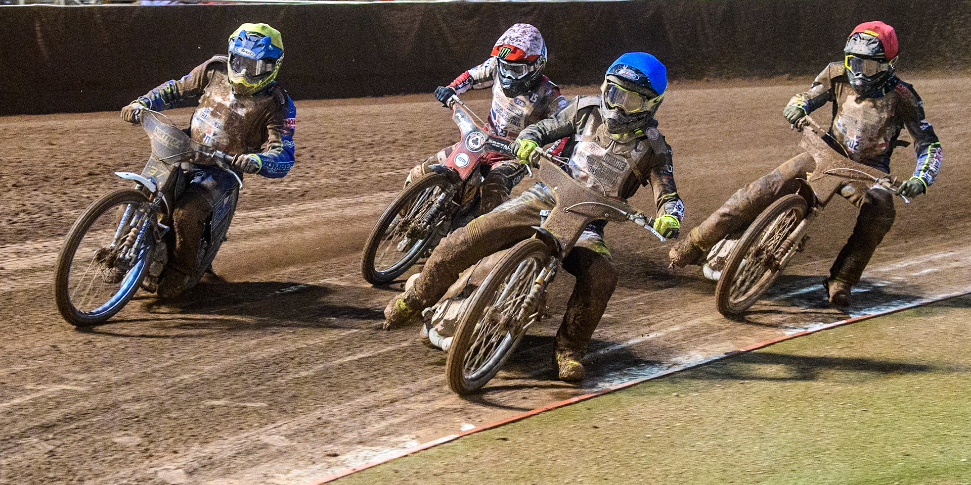 Tom Brennan (Blue) inside Chris Harris (Yellow) with Simon Lambert (Red) and Dan Bewley (White) behind during the Sports Insure British Speedway Final at the National Speedway Stadium, Manchester on Monday 14th August 2023. (Photo: Ian Charles | MI News)
