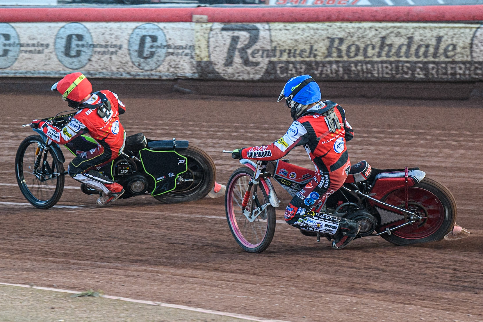 Tom Brennan (Red) leads Belle Vue ATPI Aces team mate Connor Bailey (Blue) during the Sports Insure Premiership match between Belle Vue Aces and Sheffield Tigers at the National Speedway Stadium, Manchester on Monday 7th August 2023. (Photo: Ian Charles | MI News)