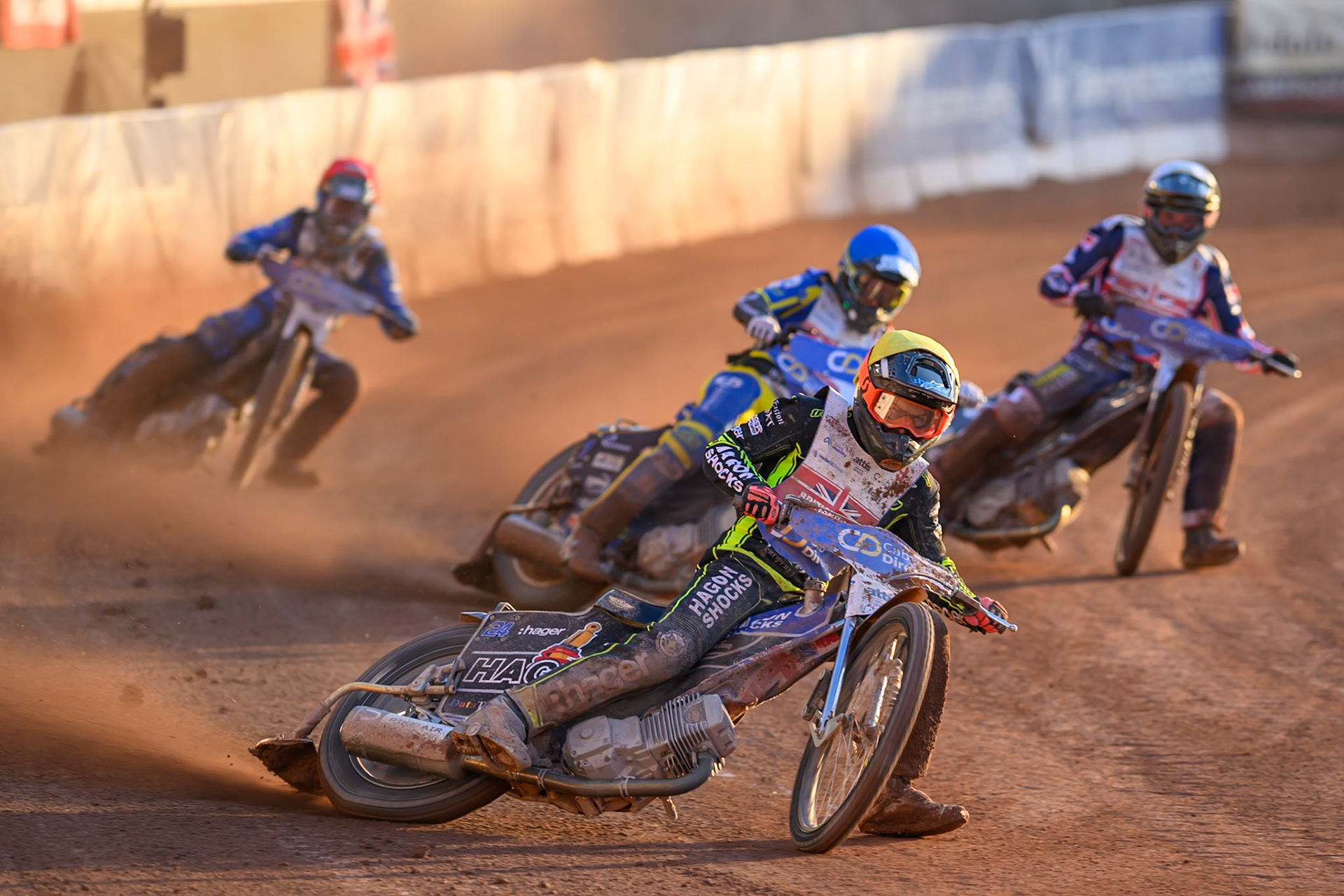 Jason Edwards (9) in Yellow leading Anders Rowe (1) in Blue , Adam Ellis (5) in White and Jody Scott (13) in Red during the Cab Direct British Speedway Championship Final at the National Speedway Stadium, Manchester on Saturday 15th August 2026. (Photo: Ian Charles | MI News)