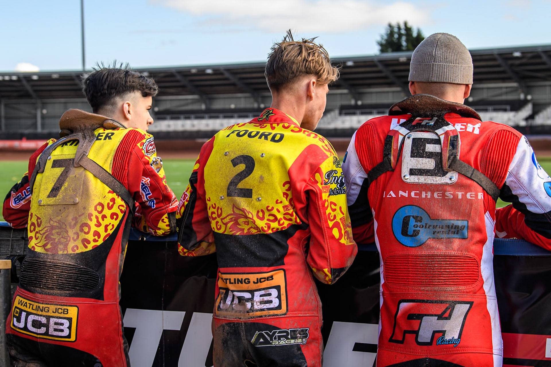 (L to R) Leicester Lion Cubs' Sonny Springer, Leicester Lion Cubs' Vinnie Foord Belle Vue Colts' Freddy Hodder as they watch the track prep during the WSRA National Development League match between Belle Vue Colts and Leicester Lion Cubs at the National Speedway Stadium, Manchester on Friday 29th March 2024. (Photo: Ian Charles | MI News)