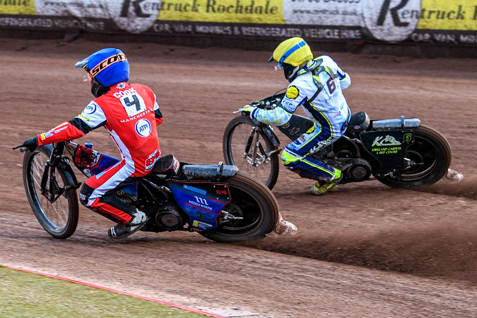 Belle Vue Aces' Ben Cook in Blue rides inside Oxford Spires' Craig Cook in Yellow during the Rowe Motor Oil Premiership match between Belle Vue Aces and Oxford Spires at the National Speedway Stadium, Manchester on Monday 13th May 2024. (Photo: Ian Charles | MI News)