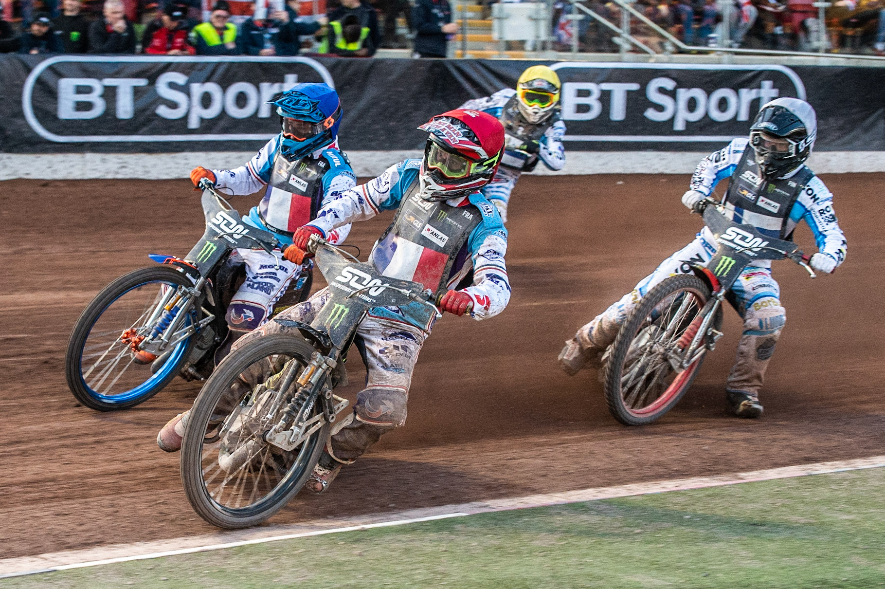 Photo: Ian Charles

France v Finland: David Bellego (Red) and Dimitri Berge (Blue) lead Jesse Mustonen (White) and Tero Aarnio (Yellow)

Monster Energy FIM Speedway Of Nations, Race Off 2, Belle Vue National Speedway Stadium, Manchester 7 May  2019