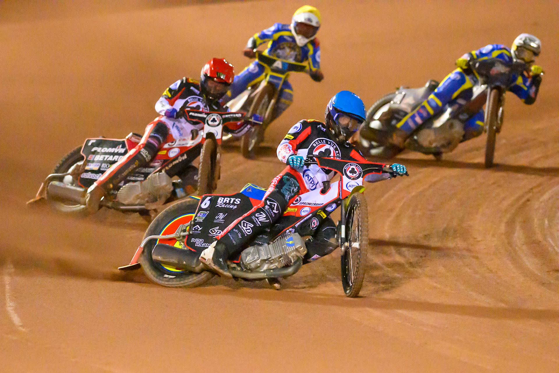 Tate Zischke of Belle Vue Aces   in Blue leading Dan Bewley of Belle Vue Aces   in Red, Josh Pickering of Sheffield Tigers    in White and Luke Killeen of Sheffield Tigers  in Yellow during the Knockout Cup, Northern Section match between Belle Vue Aces and Sheffield Tigers at the National Speedway Stadium, Manchester on Monday 30th March 2026. (Photo: Ian Charles | MI News)