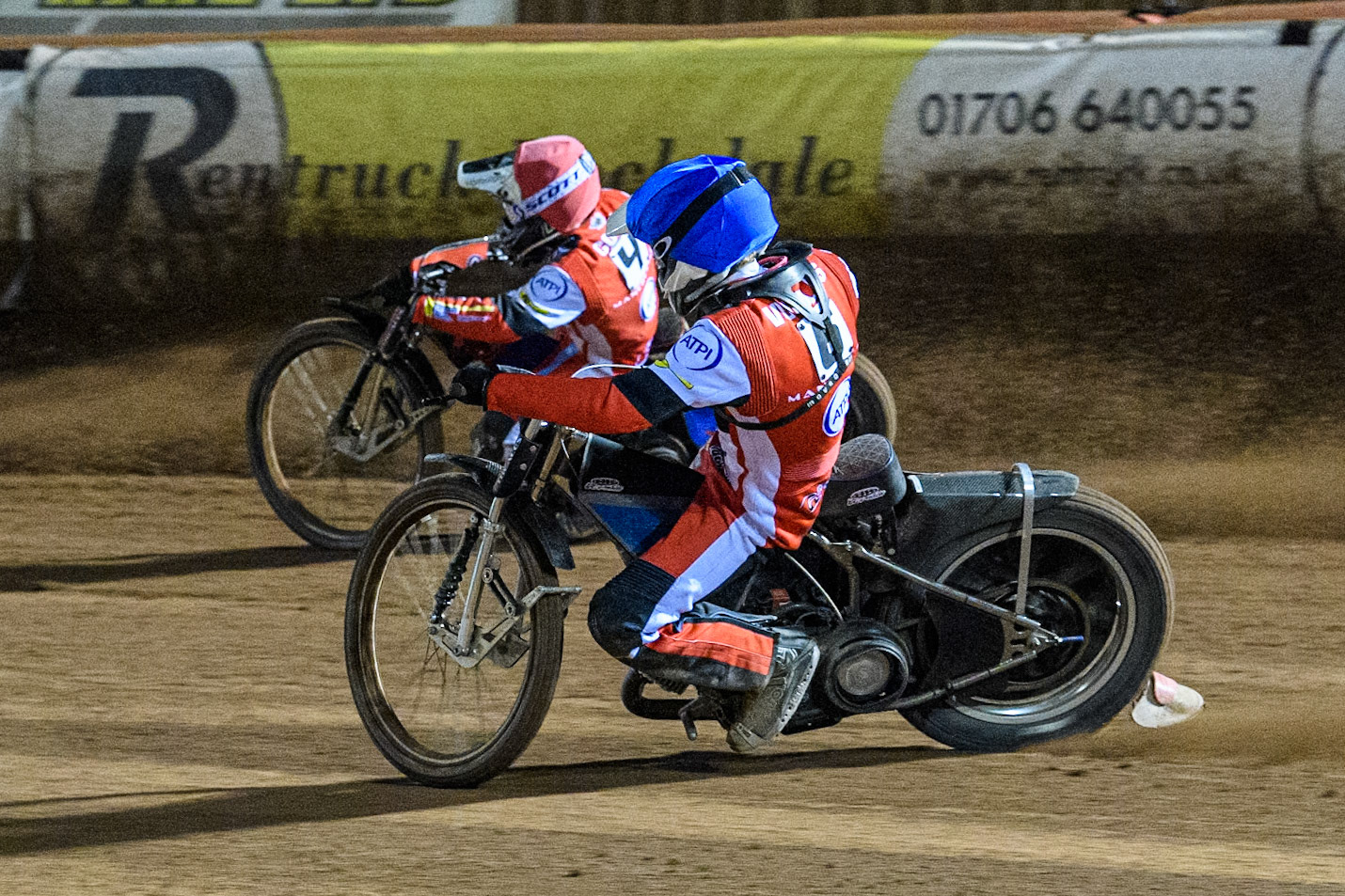 Belle Vue Aces' Antti Vuolas  in Blue chases team mate Ben Cook  in Red during the Rowe Motor Oil Premiership Play Off Semi Final 2, 1st Leg match between Belle Vue Aces and Sheffield Tigers at the National Speedway Stadium, Manchester on Monday 16th September 2024. (Photo: Ian Charles | MI News)