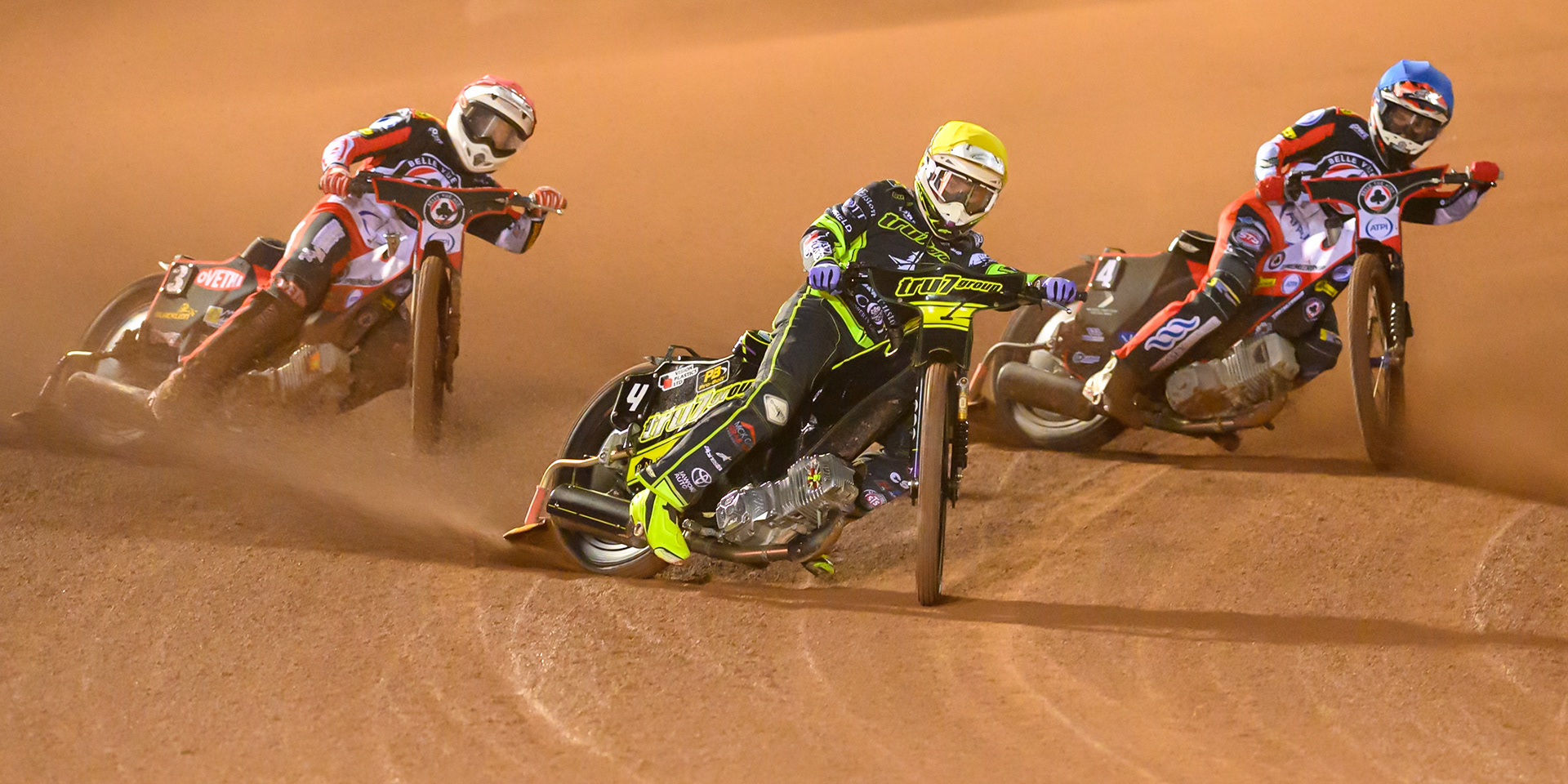 Tom Brennan of Ipswich Witches in Yellow leading Peter Kildemand of Belle Vue Aces in Red  and Zach Cook of Belle Vue Aces in Blue  during the Rowe Motor Oil Premiership Play Off Semi Final 2nd leg match between Belle Vue Aces and Ipswich Witches at the National Speedway Stadium, Manchester on Monday 28th September 2026. (Photo: Ian Charles | MI News)