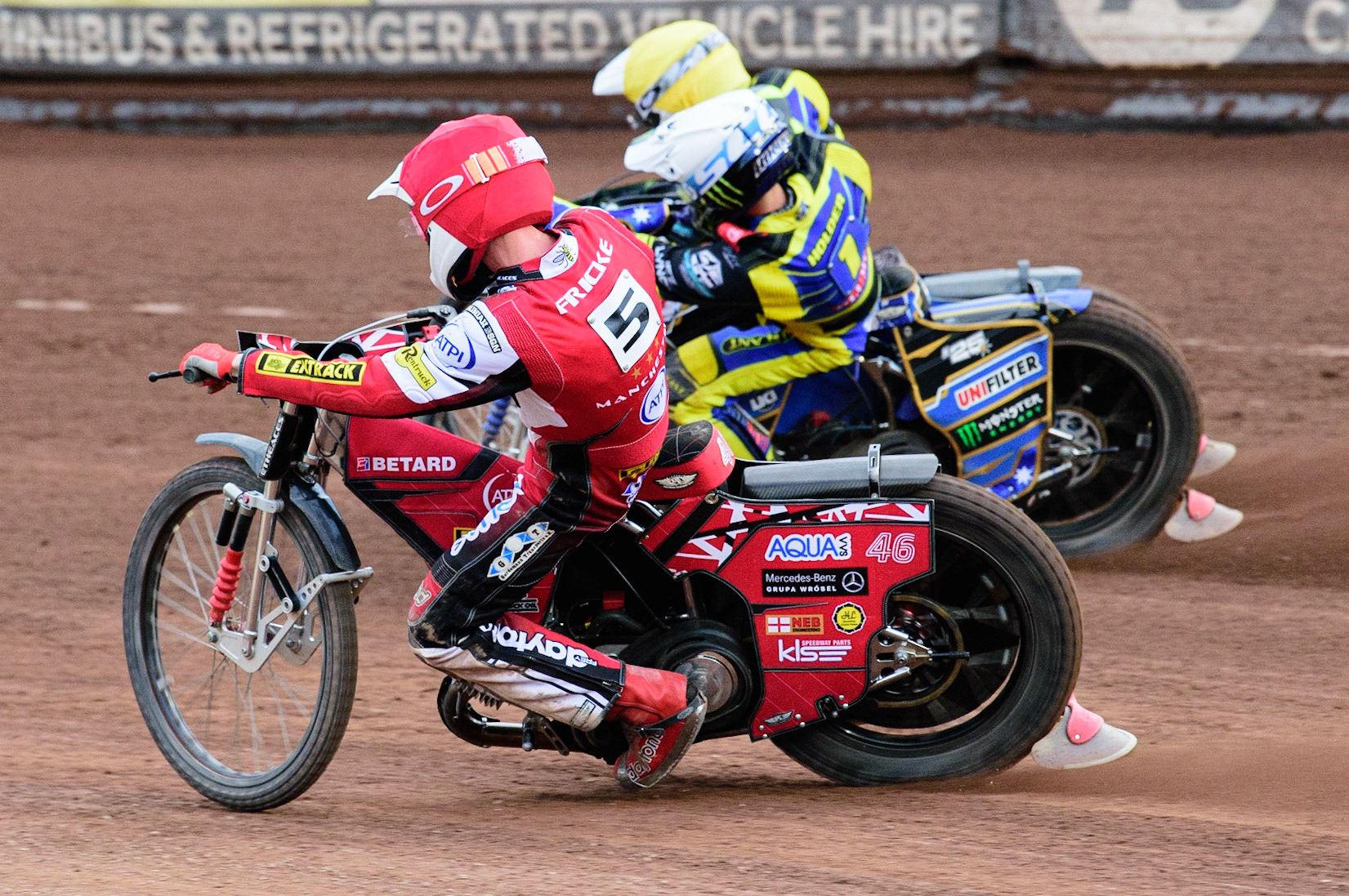 MANCHESTER, UK. JUL 5TH   Max Fricke (Red) inside Jack Holder  (White) and Craig Cook  (Yellow) during the SGB Premiership match between Belle Vue Aces and Sheffield Tigers at the National Speedway Stadium, Manchester on Tuesday 5th July 2022. (Credit: Ian Charles | MI News)