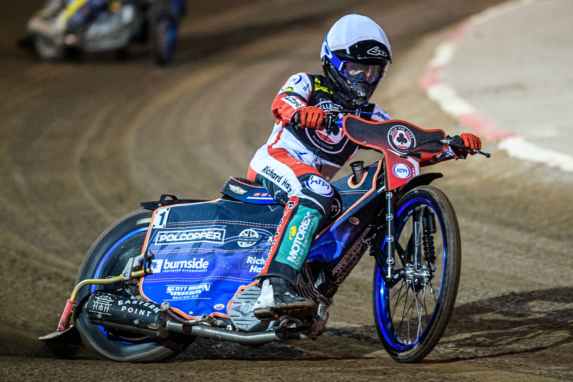 Belle Vue Aces' Brady Kurtz  in action during the Rowe Motor Oil Premiership Play Off Semi Final 2nd leg between Sheffield Tigers and Belle Vue Aces at Owlerton Stadium, Sheffield on Thursday 19th September 2024. (Photo: Ian Charles | MI News)