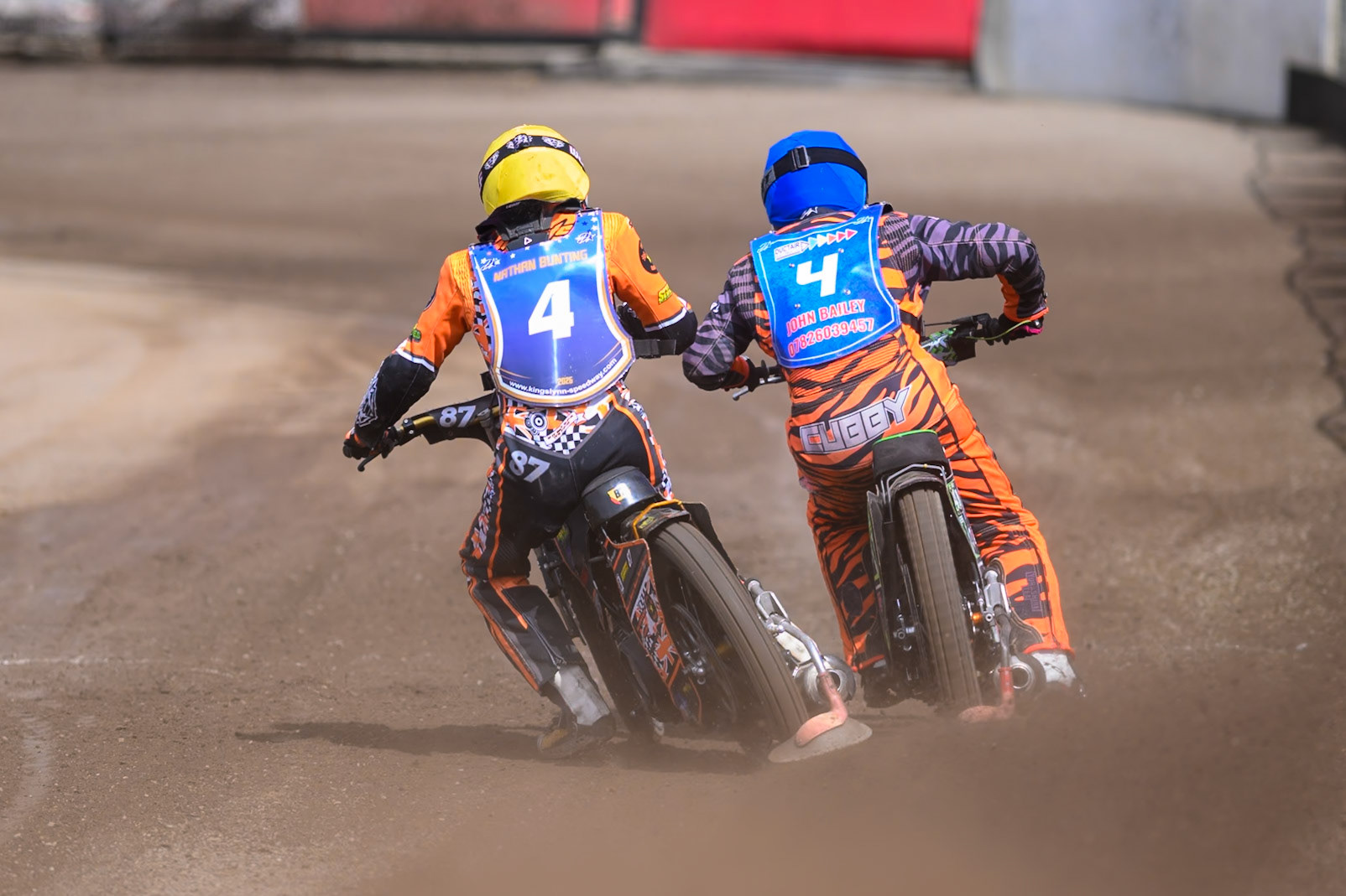 Jack Roberts of Buxton Bulls in Blue beats Mickie Simpson of Kings Lynn Young Stars in Yellow  across the finish line in Heat 3 during the WSRA National Development League match between Buxton Bulls and King's Lynn Young Stars at Hi-Edge Speedway, Buxton on Sunday 9th August 2026. (Photo: Ian Charles | MI News)