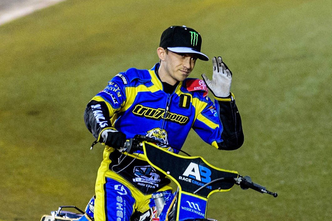 Sheffield Tigers' Jack Holder on the parade lap during the Rowe Motor Oil Premiership Play Off Semi Final 2, 1st Leg match between Belle Vue Aces and Sheffield Tigers at the National Speedway Stadium, Manchester on Monday 16th September 2024. (Photo: Ian Charles | MI News)