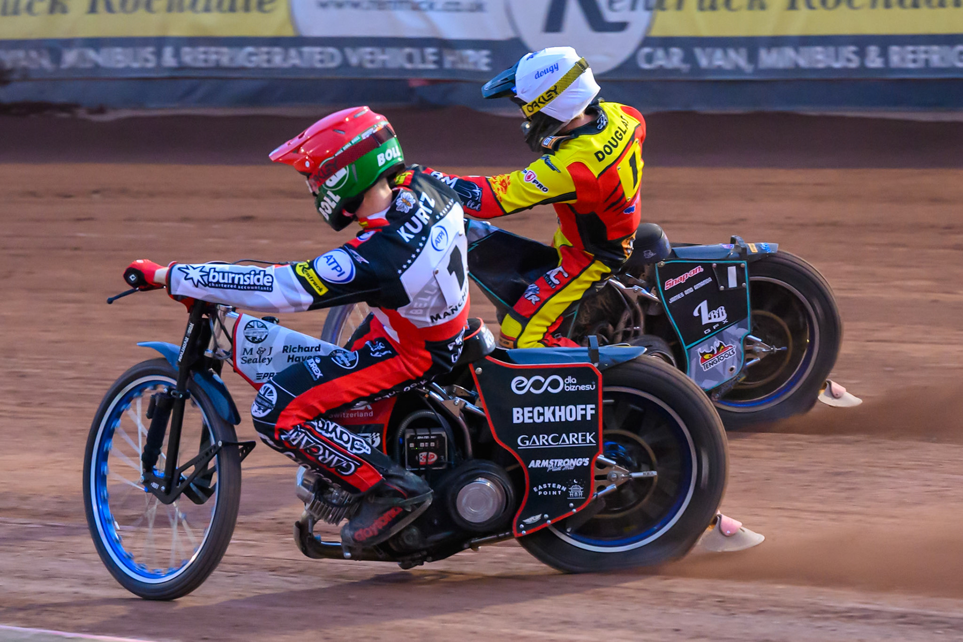 Brady Kurtz of Belle Vue Aces in Red on the inside of Leicester Watling JCB Lions1\in White during the Rowe Motor Oil Premiership match between Belle Vue Aces and Leicester Lions at the National Speedway Stadium, Manchester on Monday 3rd August 2026. (Photo: Ian Charles | MI News)