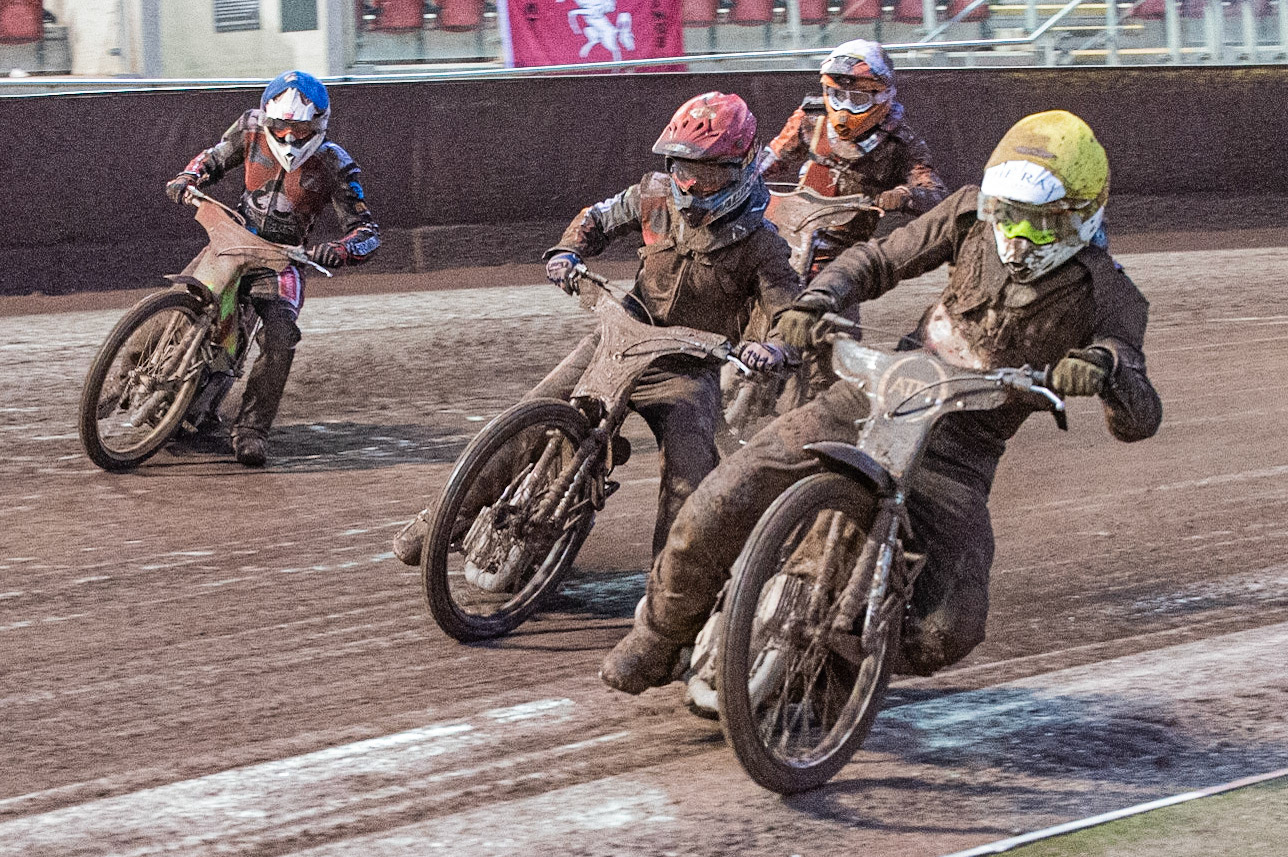 Photo: Ian Charles

Daniel Gilkes (Yellow) leads Jordan Palin (Red) Danny Phillips  (Blue) and Jordan Jenkins  (White)

Belle Vue Colts v Kent Kings, SGB National League, Belle Vue National Speedway Stadium, Manchester, Thursday 1  August  2019
