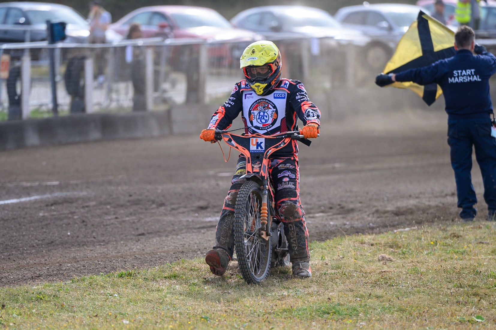 Alex Spooner of Middlesborough Tigers pulls up with machine trouble during the WSRA National Development League match  between Buxton Bulls and Middlesborough Tigers at Hi-Edge Speedway, Buxton on Sunday 16th August 2026. (Photo: Ian Charles | MI News)