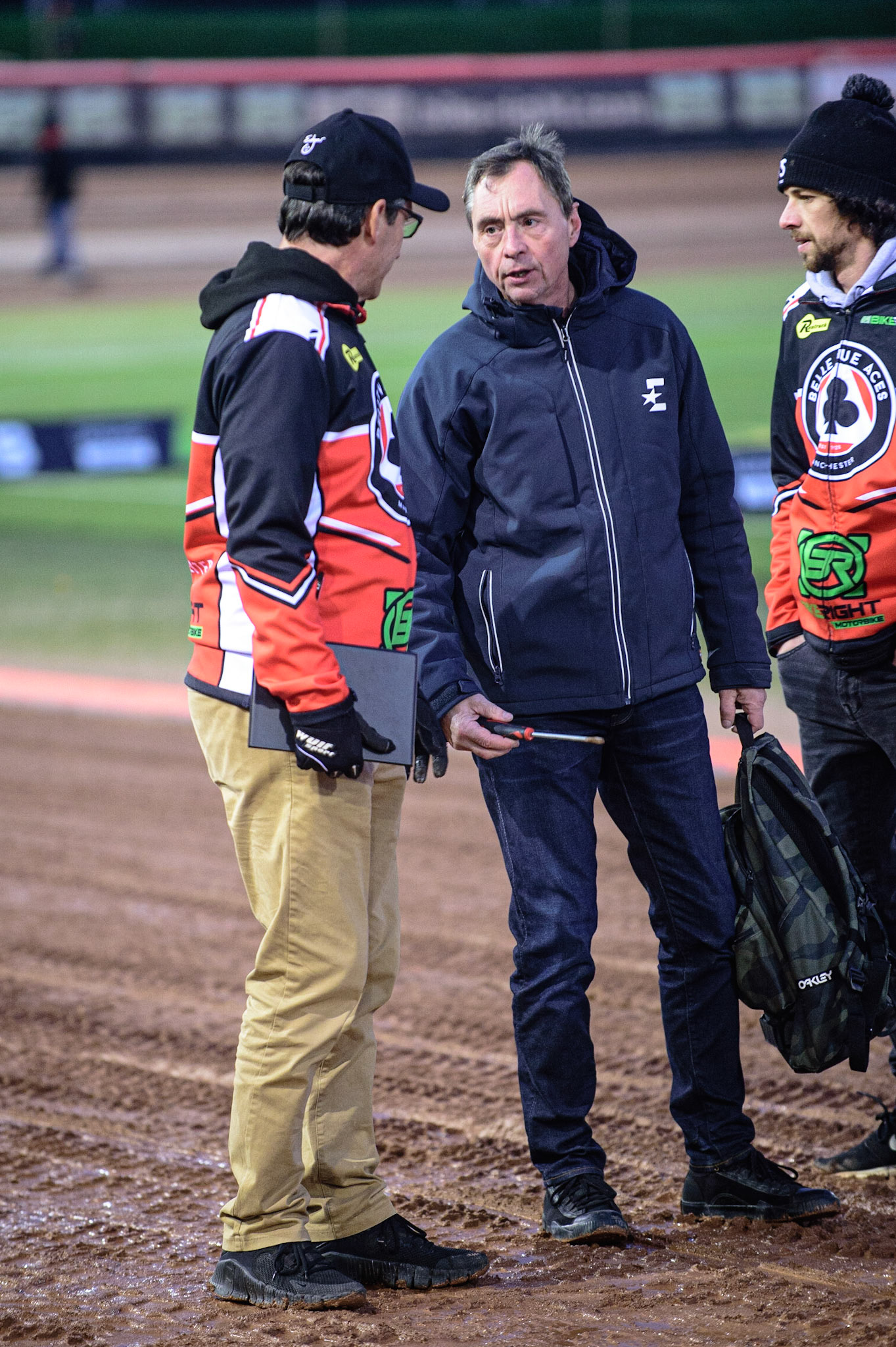 MANCHESTER, UK. OCT 11TH  Belle Vue BikeRight Aces  Manager Mark Lemon (left) chats with Eurosport pundit Kelvin Tatum during the SGB Premiership Grand Final 1st Leg between Belle Vue Aces and Peterborough Panthers at the National Speedway Stadium, Manchester on Monday 11th October 2021. (Credit: Ian Charles | MI News)