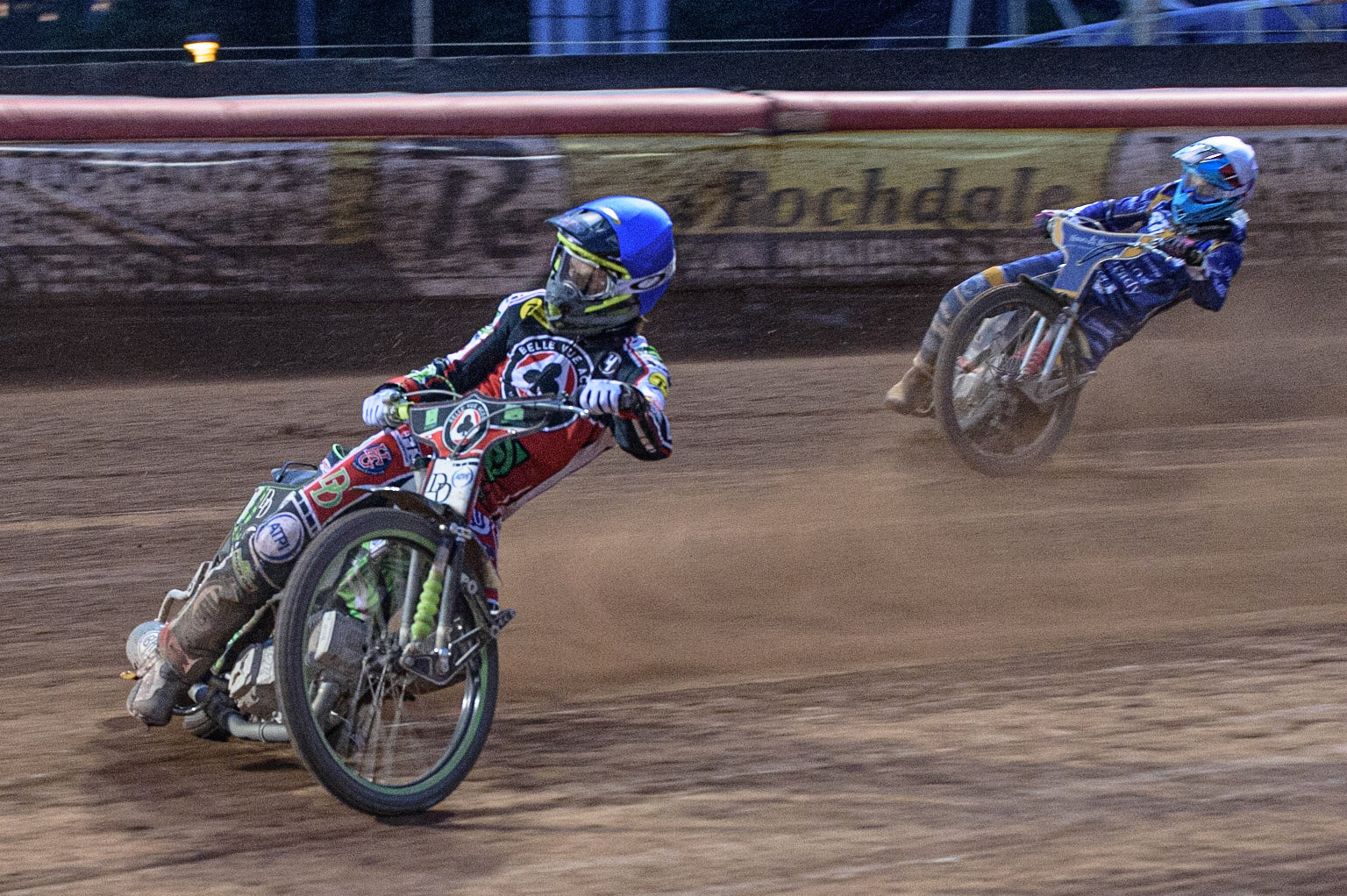 MANCHESTER, UK. AUGUST 23RD    Charles Wright  (Blue) leads Thomas Jorgensen  (White) during the SGB Premiership match between Belle Vue Aces and King's Lynn Stars at the National Speedway Stadium, Manchester on Monday 23rd August 2021. (Credit: Ian Charles | MI News)