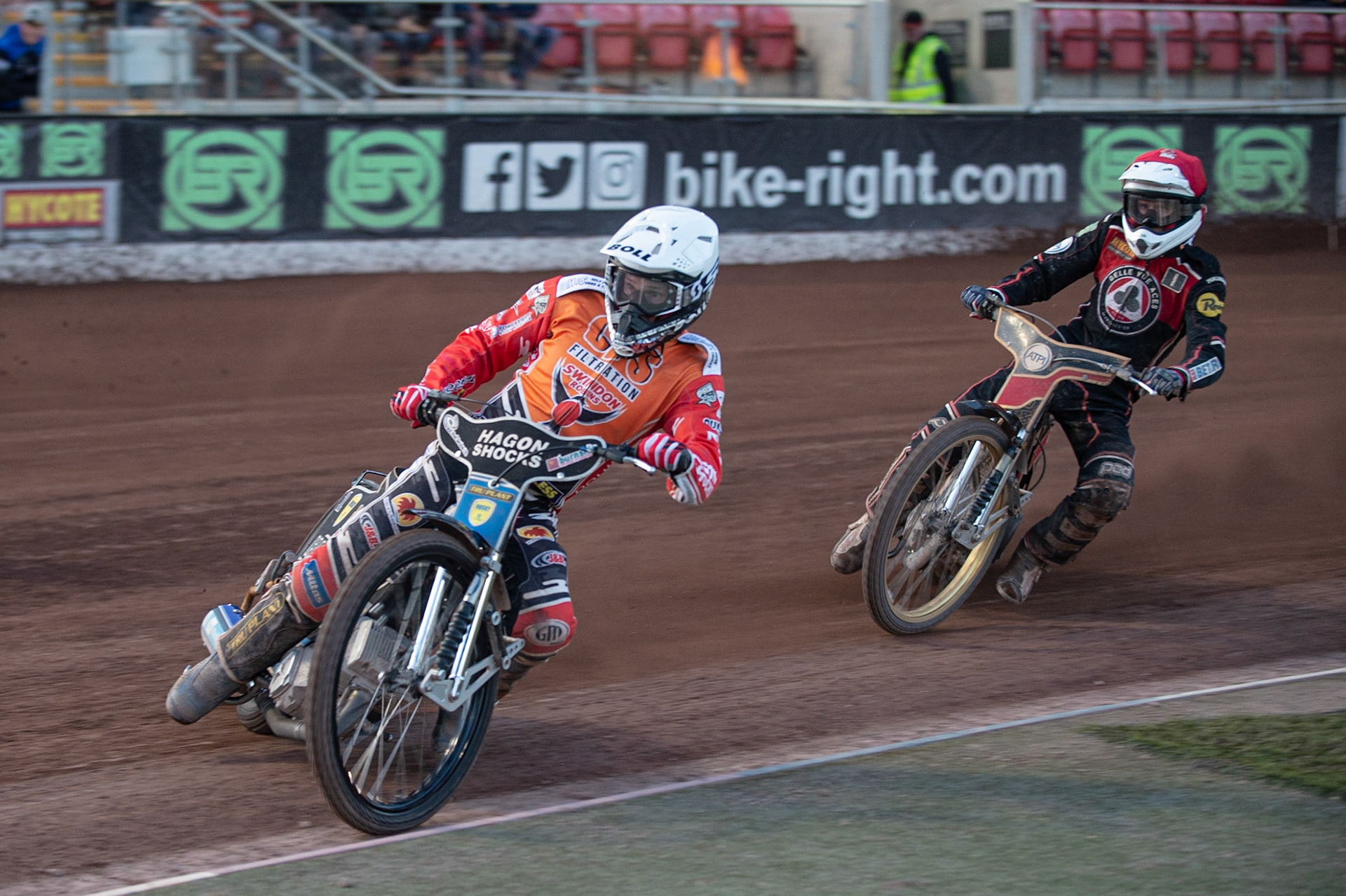 Photo: Ian Charles

Jason Doyle  (White) leads Max Fricke  (Red)

Belle Vue Aces v Swindon Robins, British Speedway Premiership, Belle Vue National Speedway Stadium, Manchester, Monday 20  May  2019