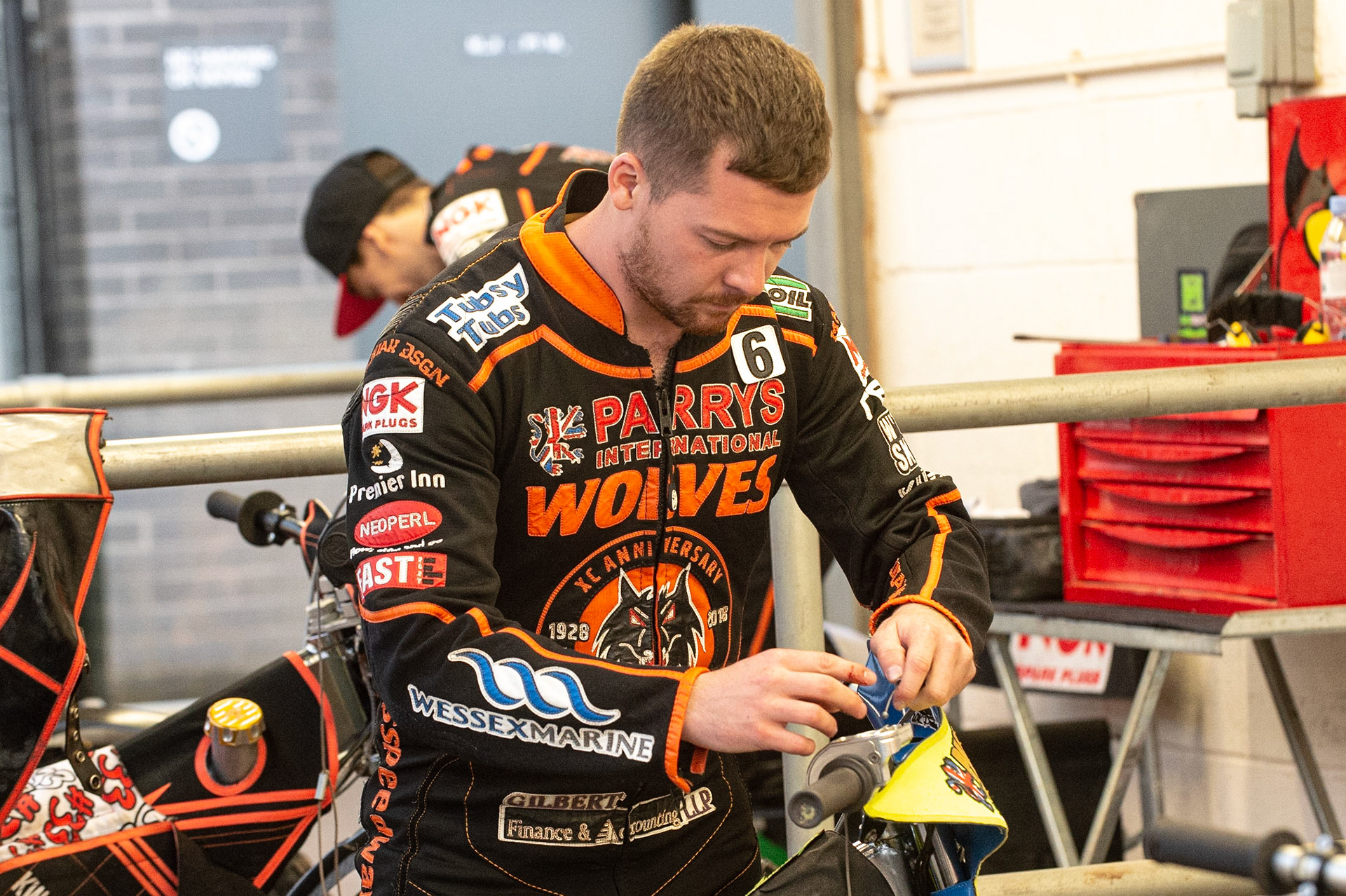 Photo by Ian Charles:

Kyle Howarth  prepares for the meeting

Belle Vue Aces v Wolverhampton Wolves, SGB Premiership, National Speedway Stadium, Manchester, Monday, 19, August, 2019