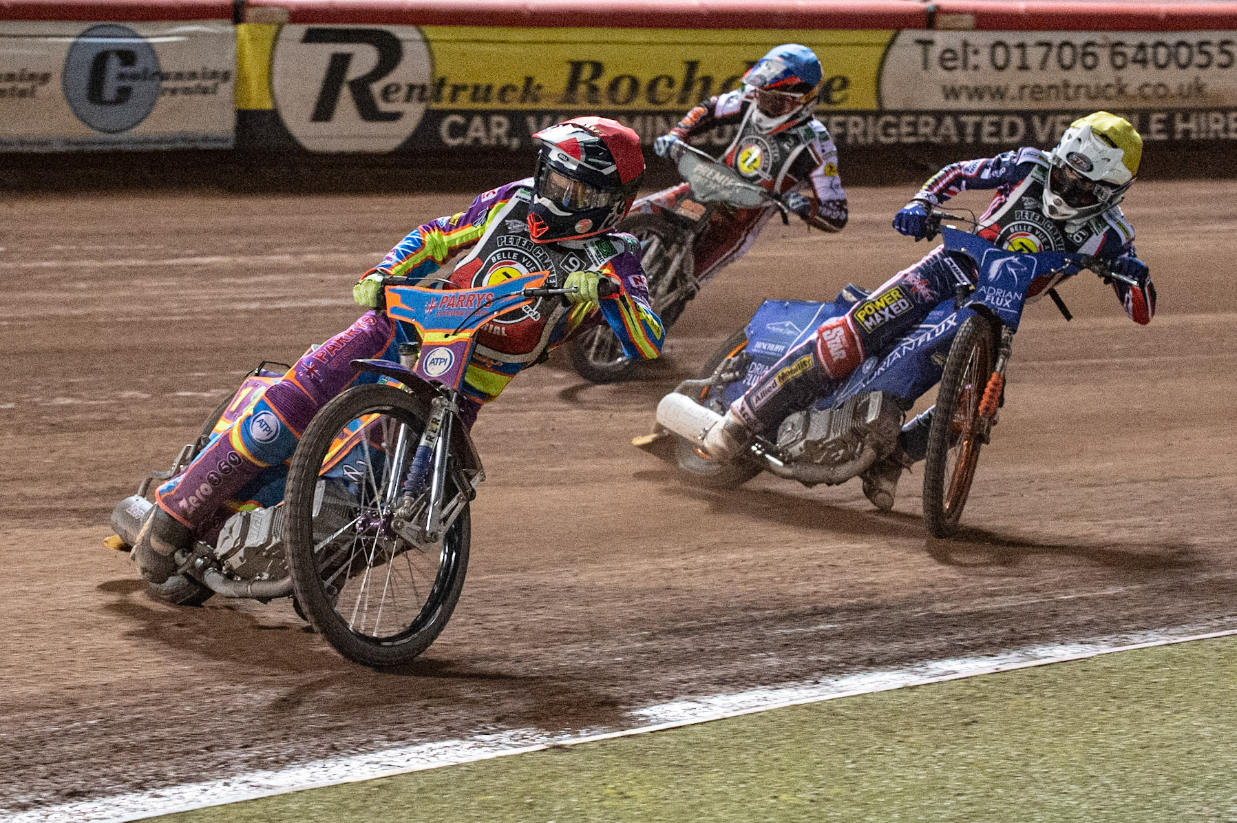 Photo: Ian CharlesRory Schlein (Red) leads Lewis Kerr (Yellow) and Steve Worrall (Blue)Peter Craven Memorial Trophy, National Speedway Stadium, Manchester Thursday  22  October  2020