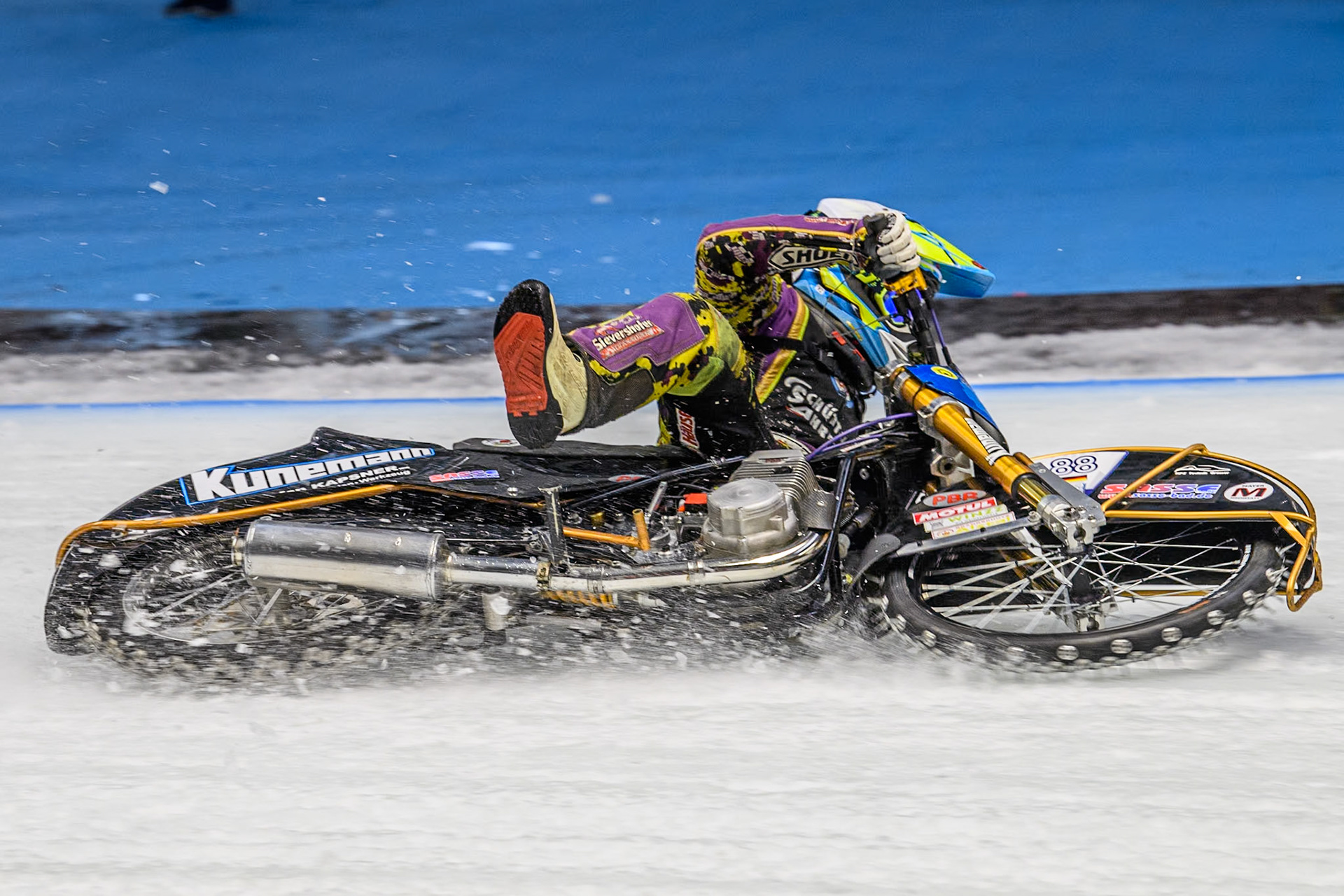 German Reserve Maximillian Neidermaier (19) slides off during the FIM Ice Speedway Gladiators World Championship Final 2 at the Max-Aicher-Arena, Inzell on Sunday 24 March 2024. (Photo: Ian Charles | MI News)