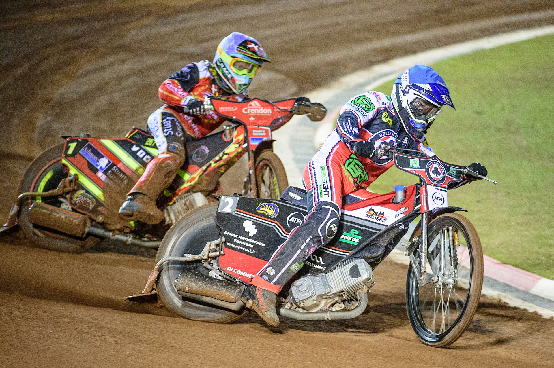 MANCHESTER, UK. OCT 11TH  Richie Worrall  (Blue) leads Michael Palm Toft  (White) during the SGB Premiership Grand Final 1st Leg between Belle Vue Aces and Peterborough Panthers at the National Speedway Stadium, Manchester on Monday 11th October 2021. (Credit: Ian Charles | MI News)
