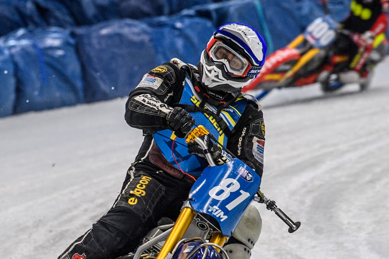 Sweden"s Jimmy Olsén (81) celebrates his heat win during the FIM Ice Speedway Gladiators World Championship Final 2 at the Max-Aicher-Arena, Inzell on Sunday 24 March 2024. (Photo: Ian Charles | MI News)