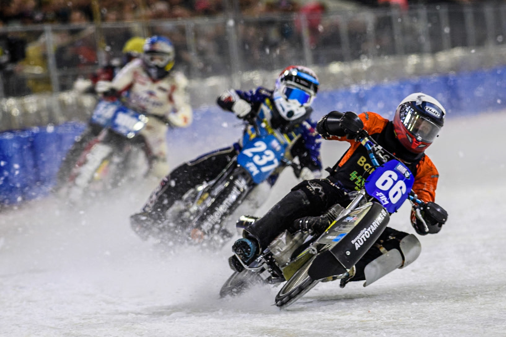 Finland's Aki Ala-Riihimäki (66) in White leading Sweden's Jimmy Hörnell Lidfalk (237) in Red and Austria's Franz Zorn (100) in Red during the FIM Ice Speedway Gladiators World Championship Final 3 at Ice Rink Thialf, Heerenveen on Saturday 6th April 2024. (Photo: Ian Charles | MI News)