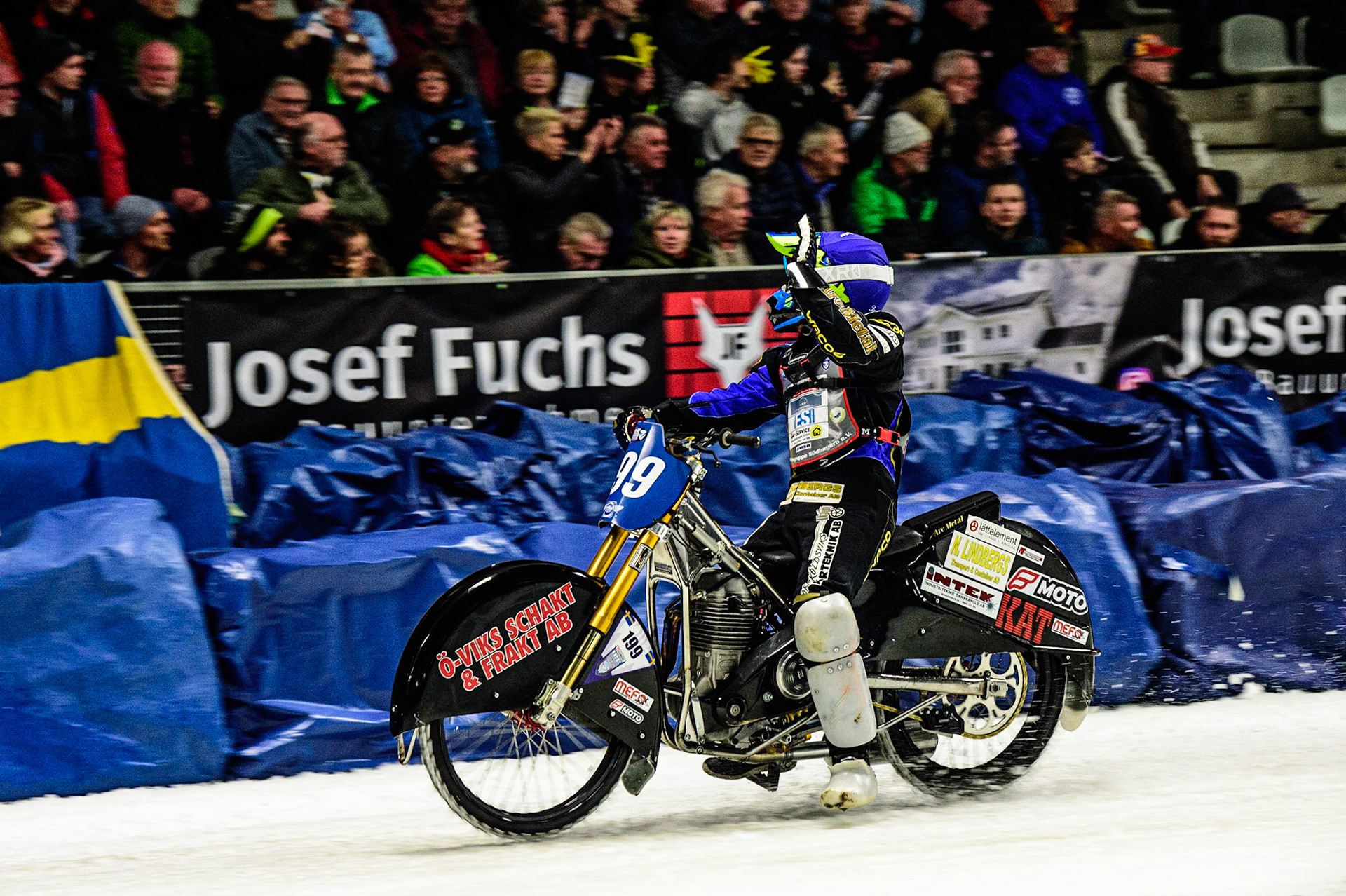 Martin Haarahiltunen (199) Celebrates winning the Meeting during the Ice Speedway Gladiators World Championship Final 1 at Max-Aicher-Arena, Inzell, Germany on Saturday 18th March 2023. (Photo: Ian Charles | MI News)