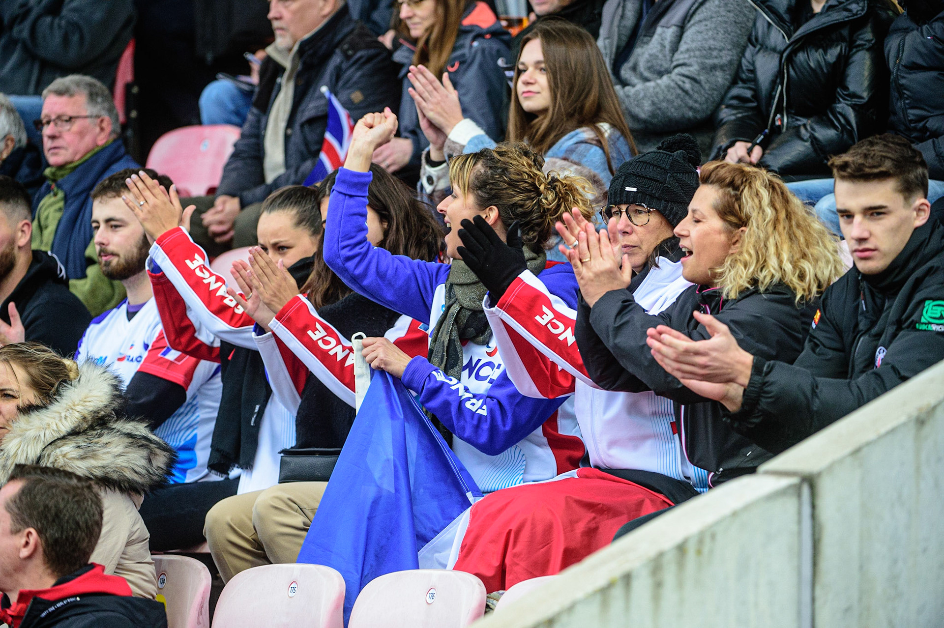 MANCHESTER, UK. OCT 17TH French fans cheer David Bellago as he wins a heat during the Monster Energy FIM Speedway of Nations at the National Speedway Stadium, Manchester on Sunday  17th October 2021. (Credit: Ian Charles | MI News)