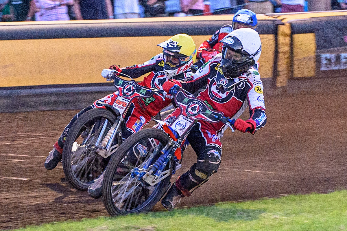 PETERBOROUGH, UK. JULY 19TH  In the final heat Brady Kurtz (White) and Dan Bewley  (Yellow) go for maximum points during the SGB Premiership match between Peterborough and Belle Vue Aces at East of England Showground, Peterborough on Monday 19th July 2021. (Credit: Ian Charles | MI News)
