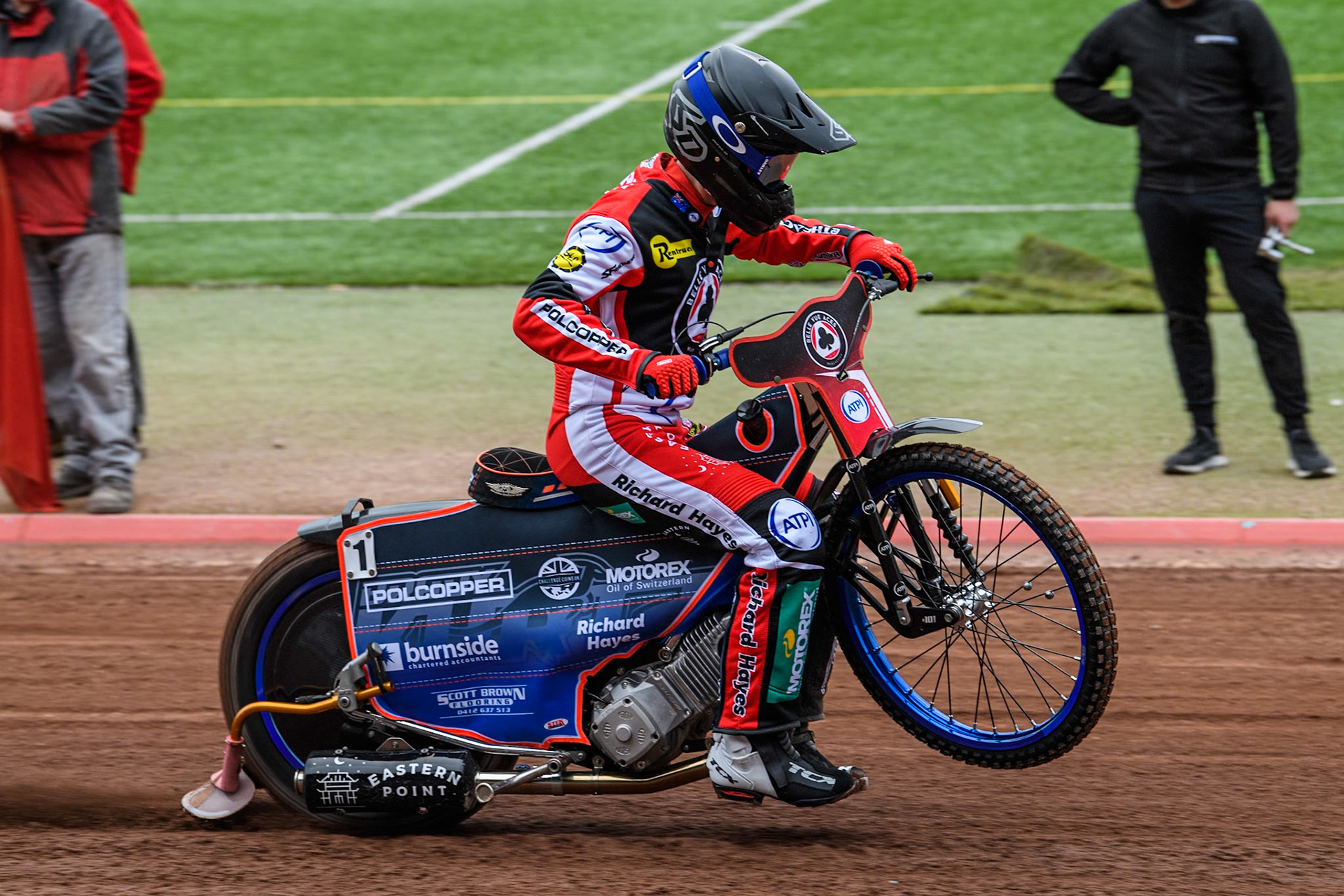 Belle Vue Aces' rider Brady Kurtz does a practice start during the Belle Vue Aces Media Day at the National Speedway Stadium, Manchester on Monday 11th March 2024. (Photo: Ian Charles | MI News)